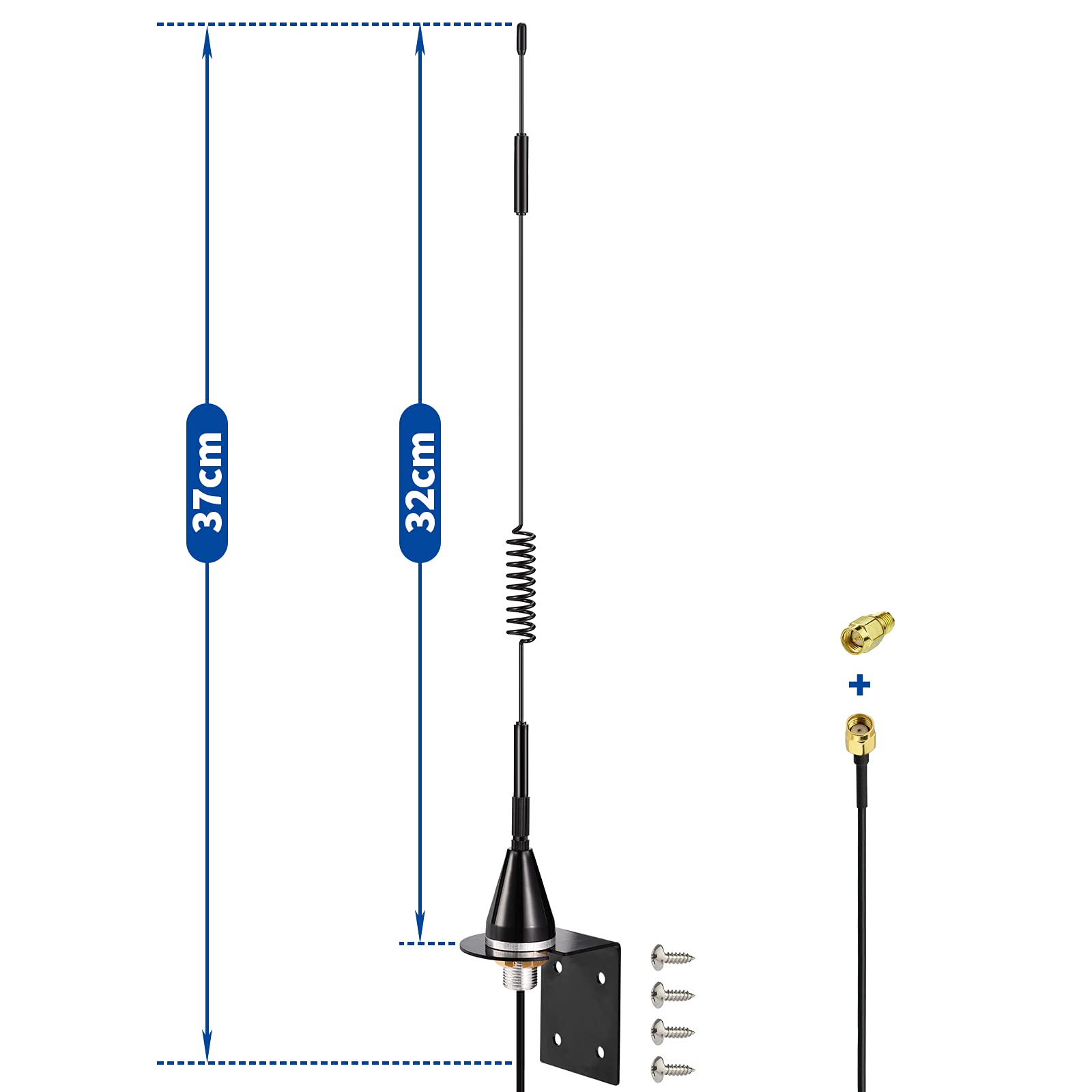 Detailed dimensions for the 7dBi antenna, mounting bracket, and 3-meter RG174 cable