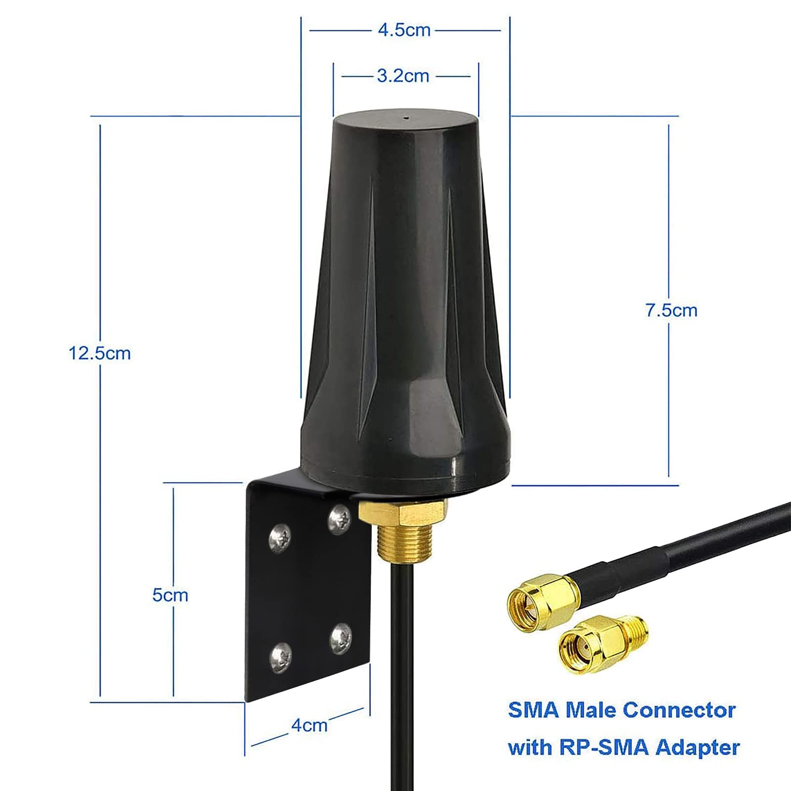 Detailed view of 5dBi Omni-directional LTE Antenna and Stainless Steel L-Bracket