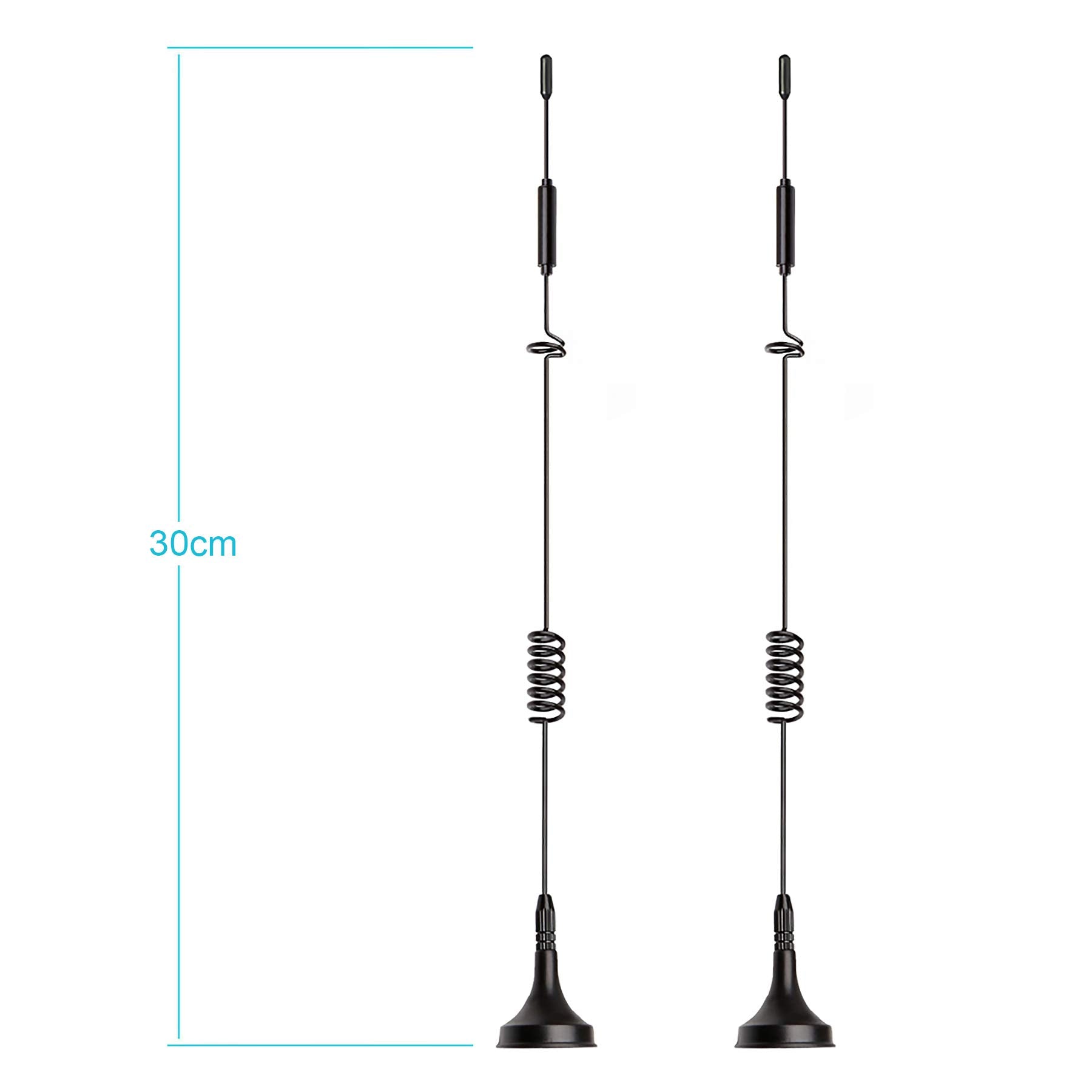 Product dimensions of the 8dBi whip, magnetic base diameter, and 3-meter (10ft) cable length