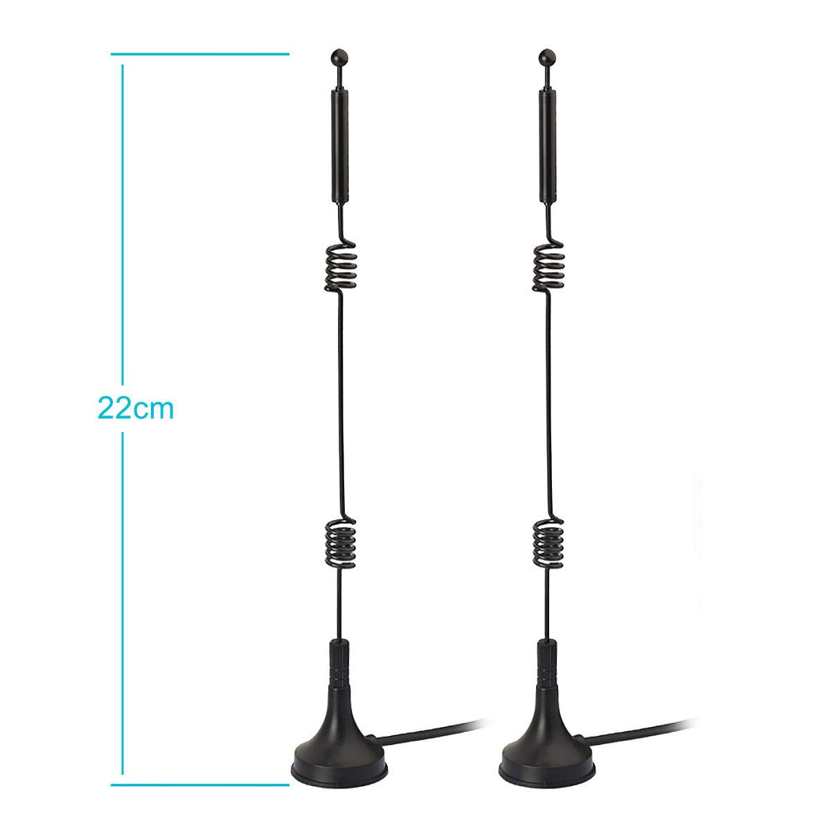 Product dimensions showing the 22cm antenna length and the dual-cable configuration for 2x2 MIMO WiFi support