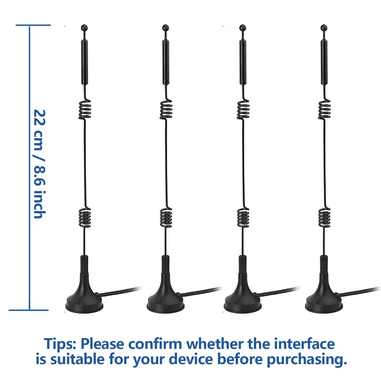 Product dimensions showing the antenna height and the length of the extension cable for flexible placement