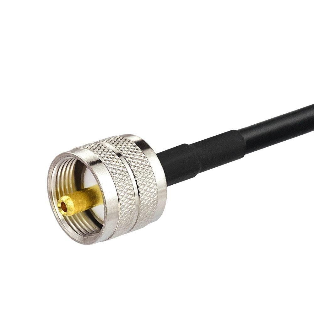 Professional UHF PL259 (SO239 compatible) male connector on a high-quality RG58/U low-loss coaxial cable