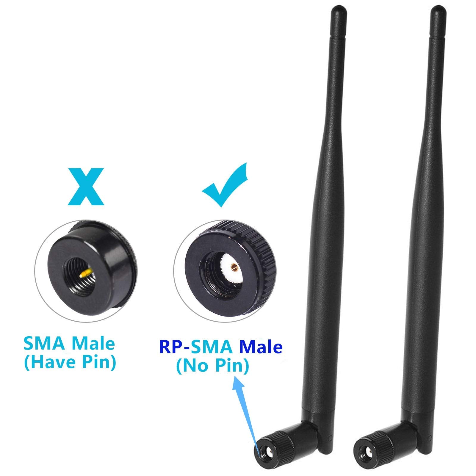 Standard RP-SMA Male connector with internal threads and a center hole, the universal interface for WiFi devices