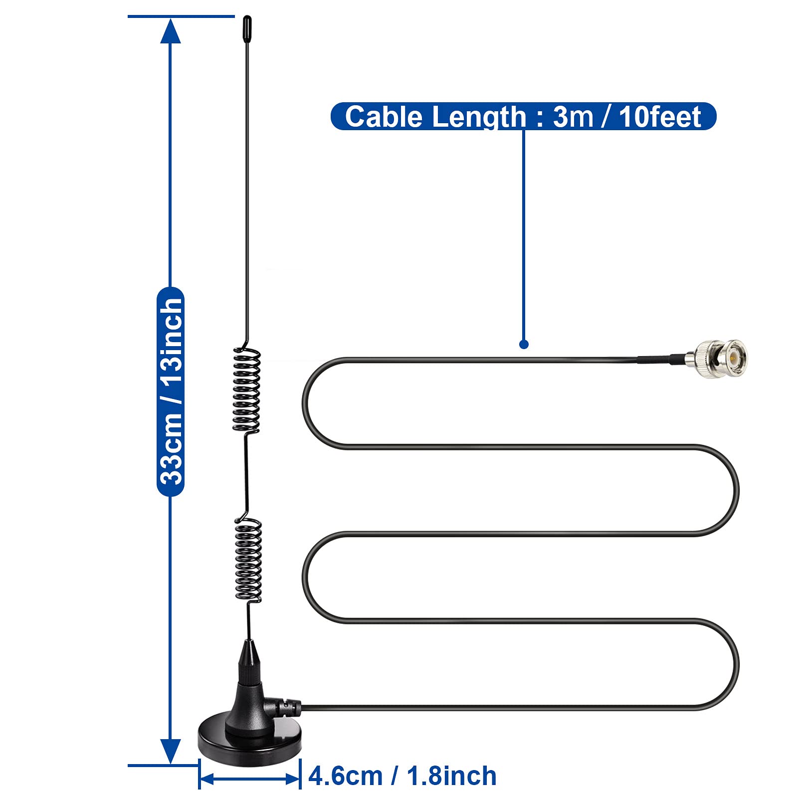 Technical diagram showing antenna total length and magnetic base dimensions for mounting clearance planning