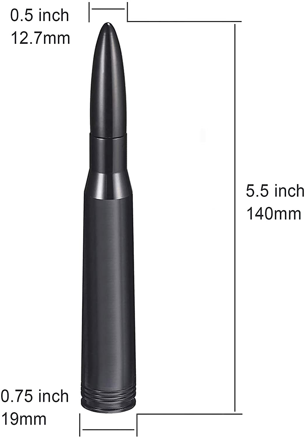 Technical diagram showing the 5-inch length and the compact design versus the original long antenna