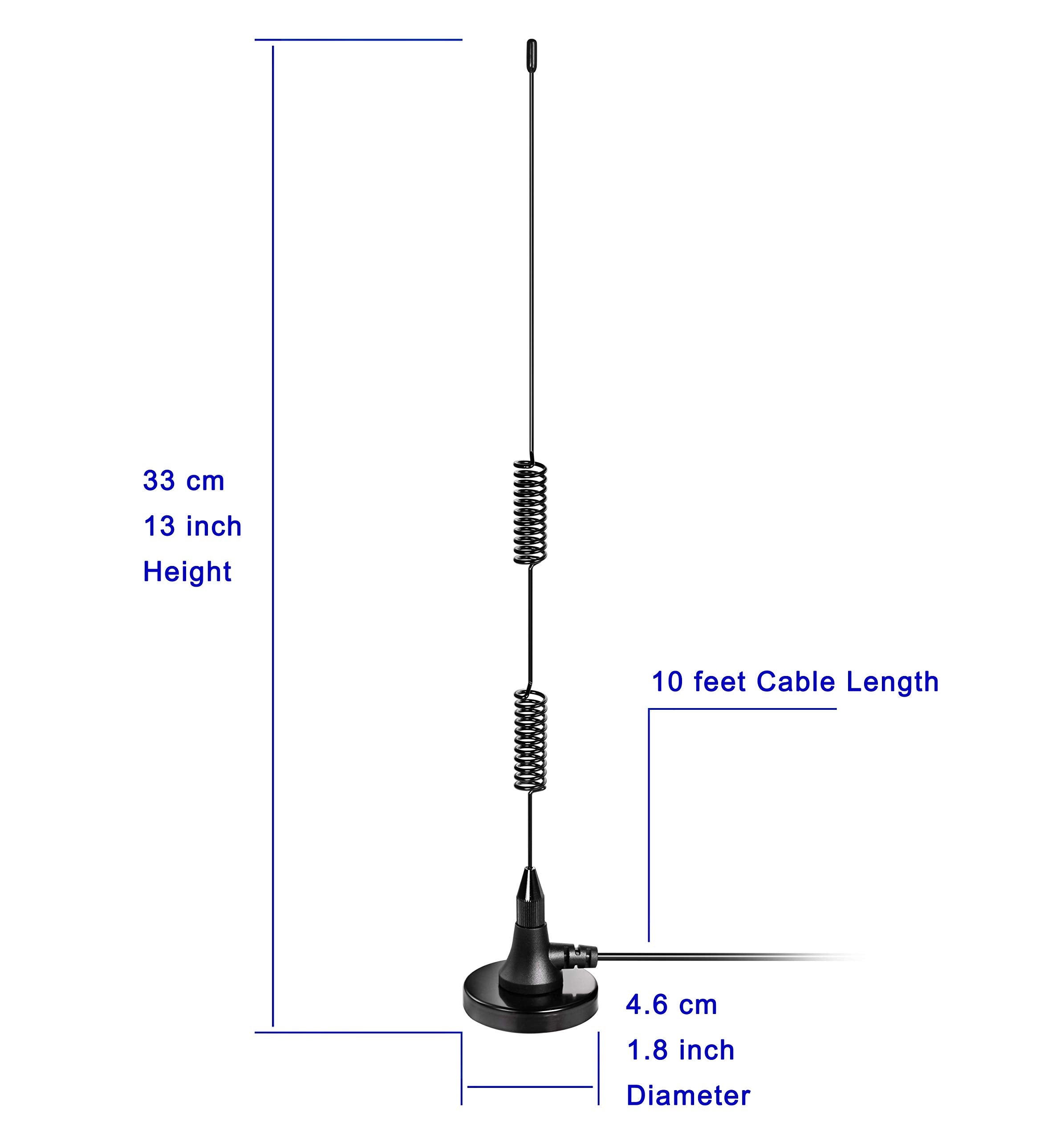 Technical diagram showing the cable length, magnetic base diameter, and total antenna height