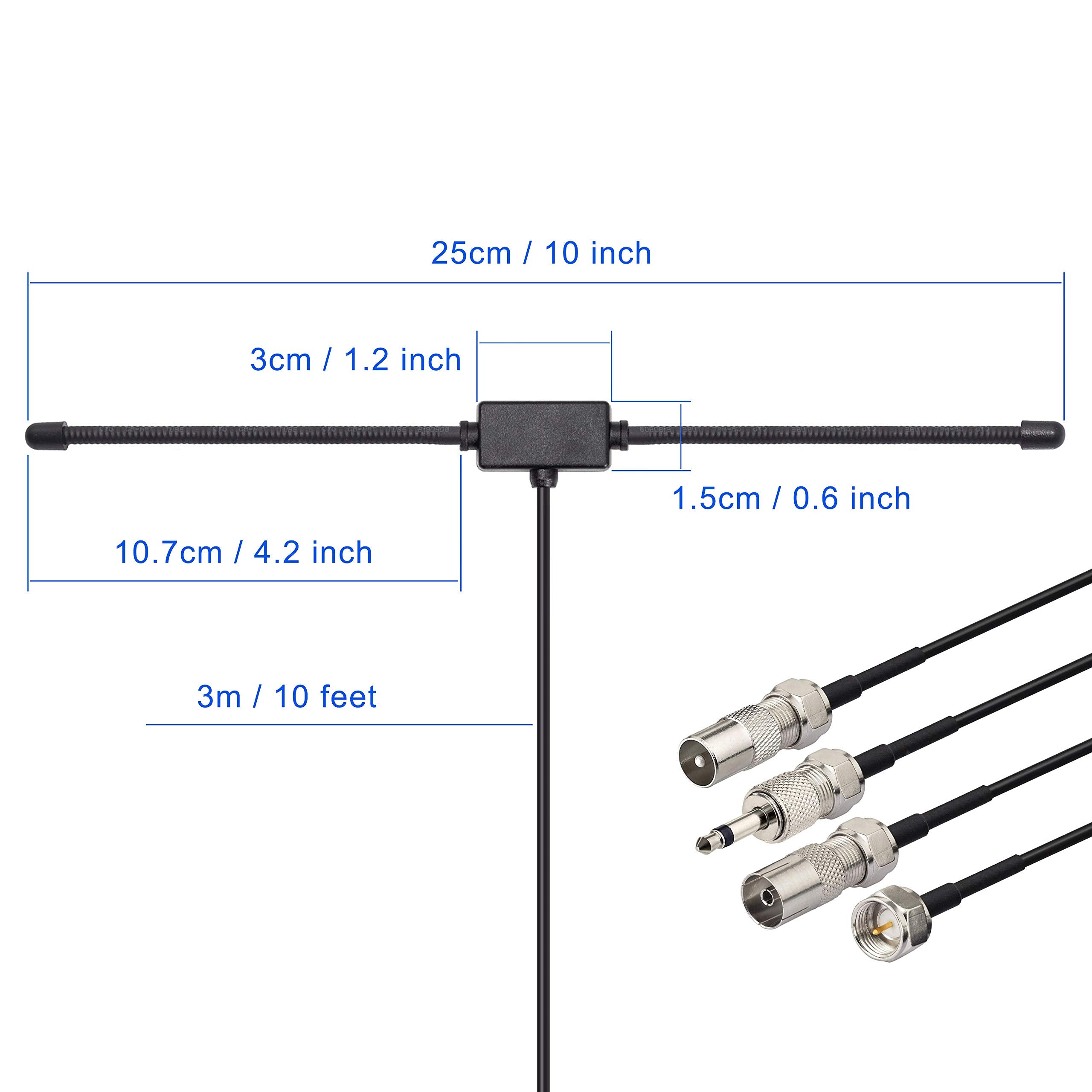 Technical diagram showing the total length and the T-shape spread of the antenna wires