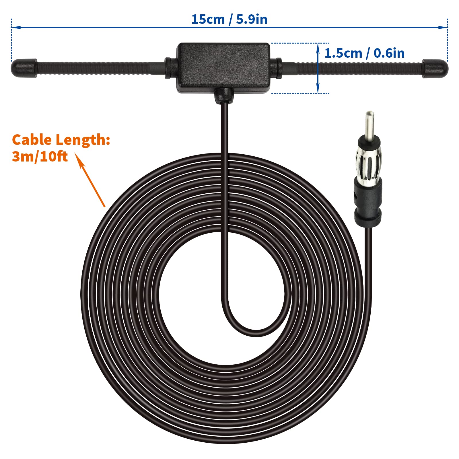 Technical illustration showing the 10ft (3m) length of the antenna cable