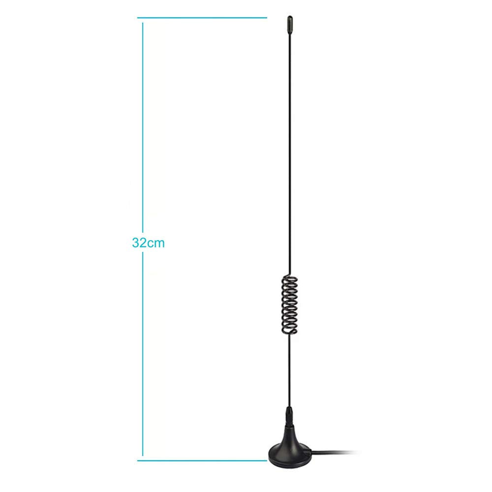 Technical layout showing antenna height, cable length, and base diameter
