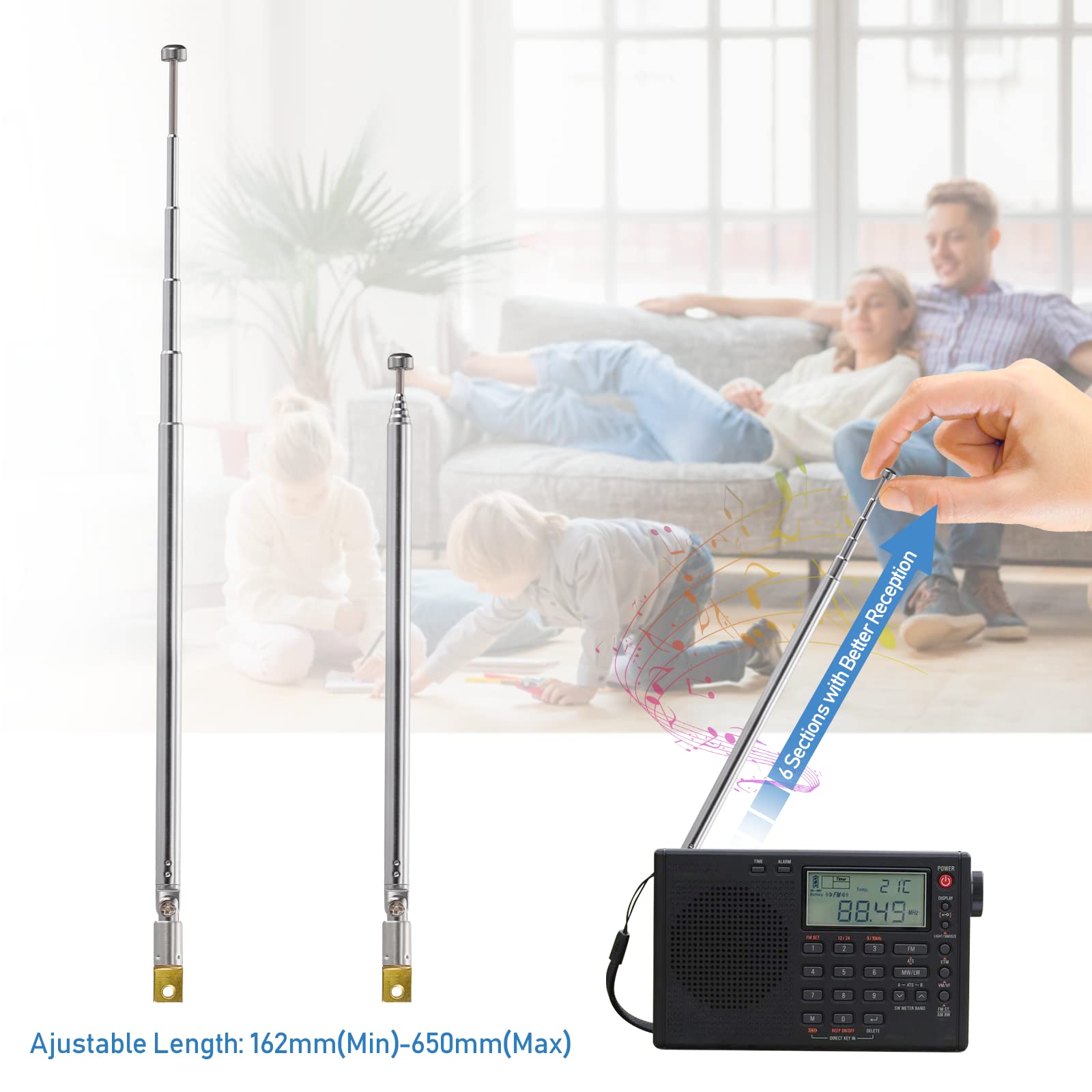 Telescopic antenna installed on a classic portable boombox, fully extended for best signal