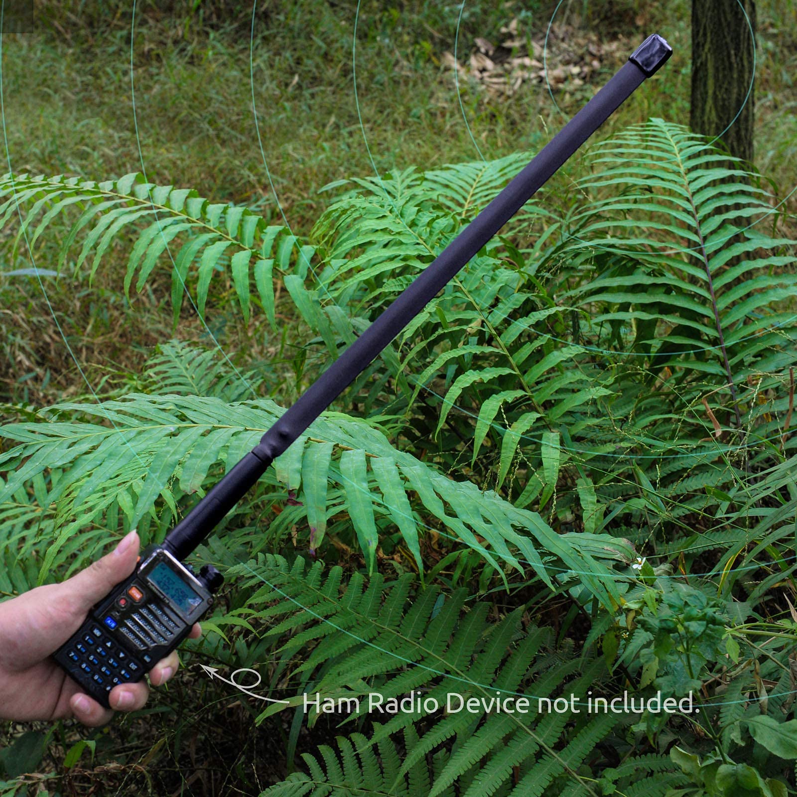 Two users in tactical gear using the Bingfu 18.5" antennas during an outdoor airsoft game and mountain hiking