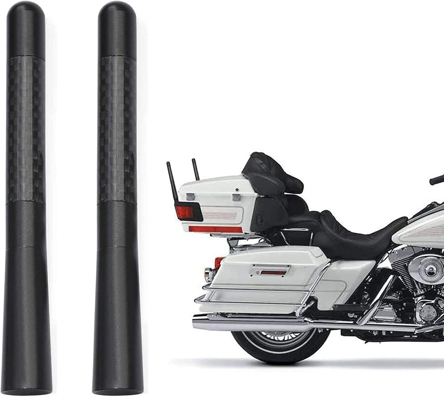 2-pack of Bingfu motorcycle short antennas featuring a premium carbon fiber finish and a sleek 4.7-inch aerodynamic stubby design