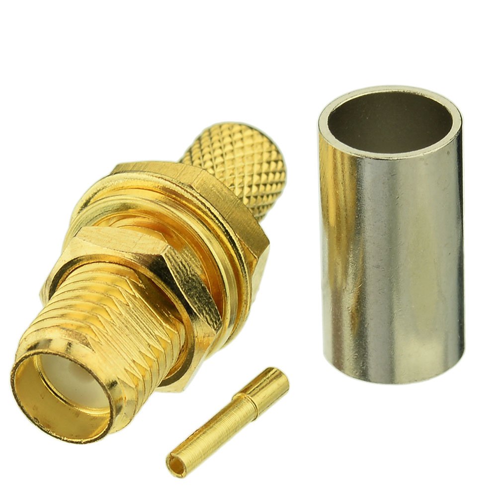 BINGFU SMA Female Bulkhead Mount Crimp Solder Attachment 50 Ohm Gold Plated Copper Connector (10-Pack) Compatible with RG58 RG303 RG141 RG142 RG400 Low Loss 195 Coaxial Coax Jumper Cable