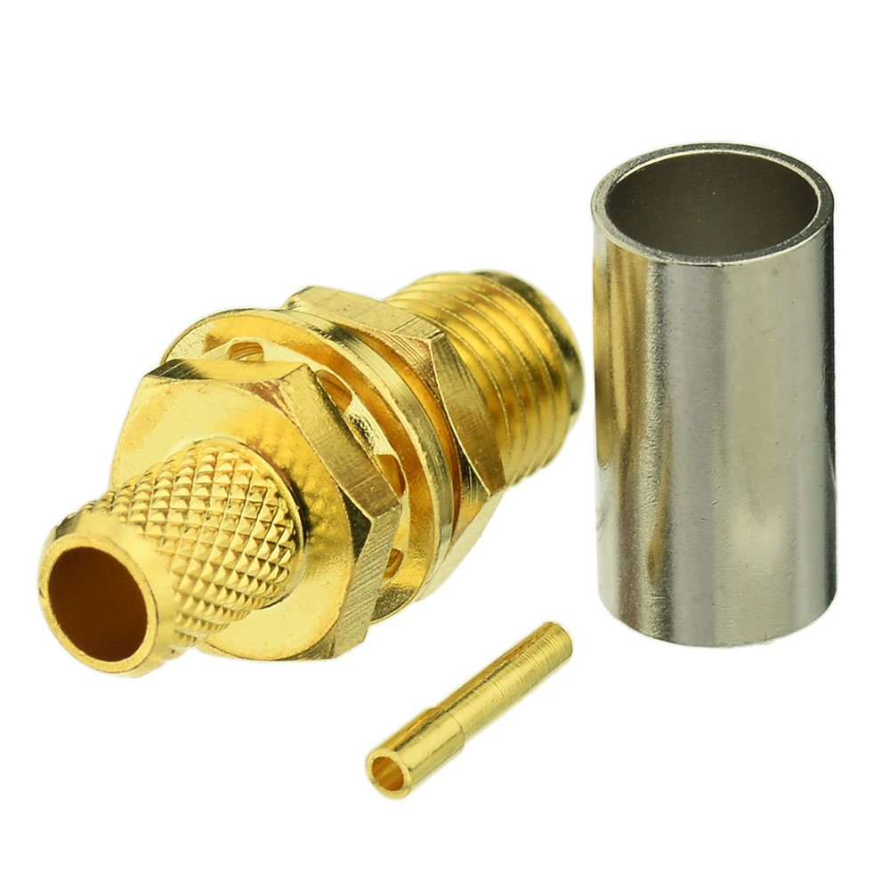 BINGFU SMA Female Bulkhead Mount Crimp Solder Attachment 50 Ohm Gold Plated Copper Connector (10-Pack) Compatible with RG58 RG303 RG141 RG142 RG400 Low Loss 195 Coaxial Coax Jumper Cable