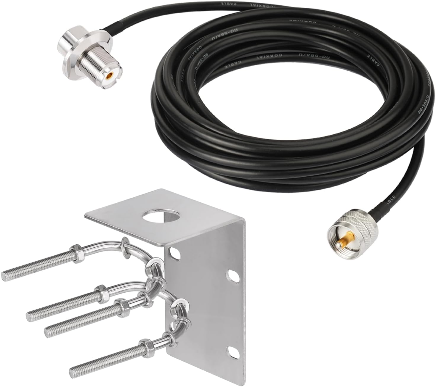 Bingfu Mobile Ham Radio Antenna U-Bolt Mount Kit with 16.5ft RG58 Cable - UHF PL259 Male to SO239 Female Connector for Vehicle/Truck Two-Way/Amateur Radio Scanner Antenna Installation