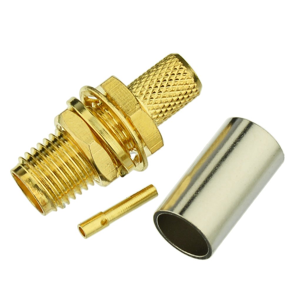 BINGFU SMA Female Bulkhead Mount Crimp Solder Attachment 50 Ohm Gold Plated Copper Connector (10-Pack) Compatible with RG58 RG303 RG141 RG142 RG400 Low Loss 195 Coaxial Coax Jumper Cable