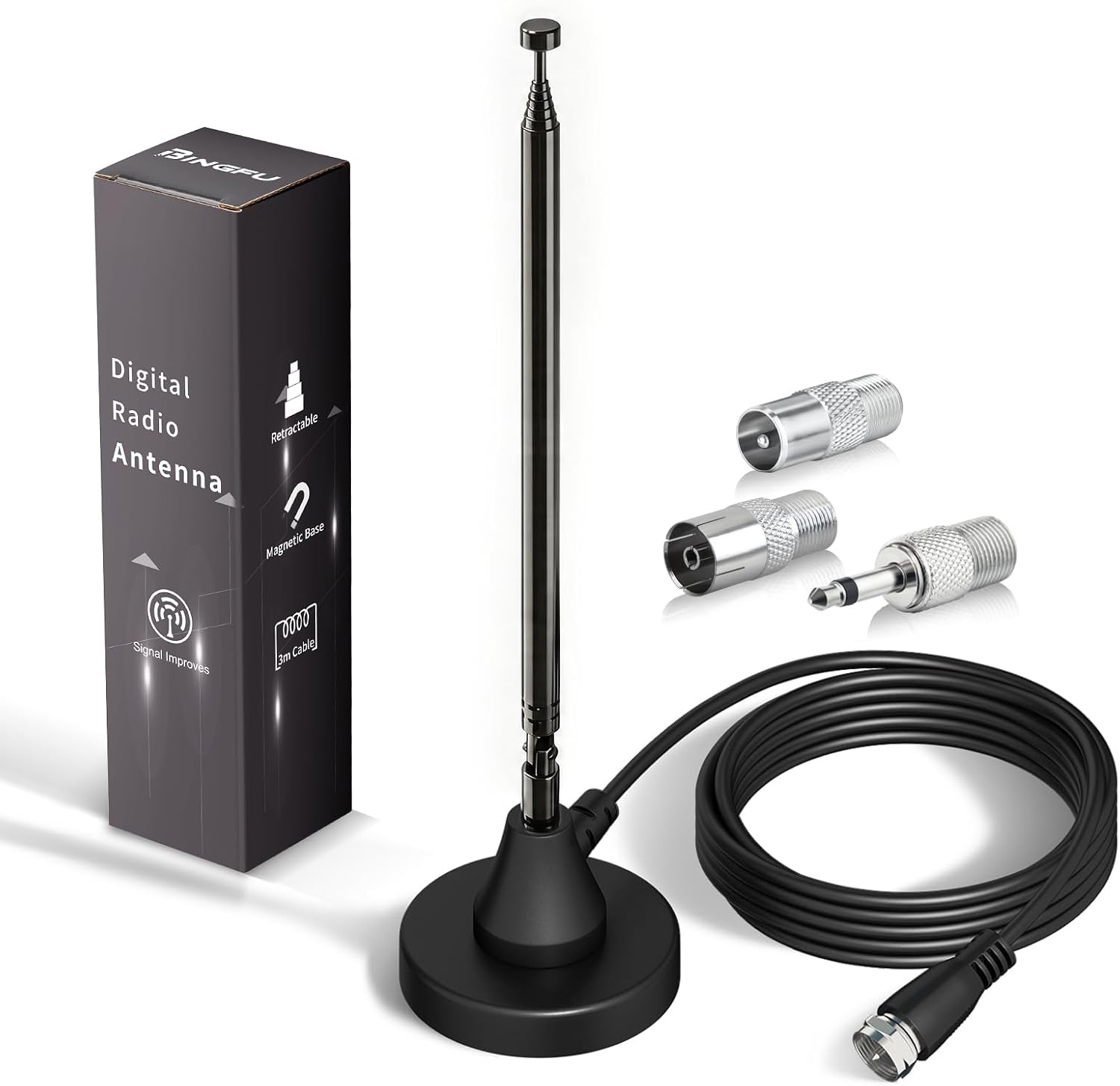 Bingfu DAB+ FM Radio Antenna, Digital Telescopic Antenna with Magnetic Base With 3 m coaxial cable and adapter set, 75 ohm impedance, suitable for stereo receivers and AV systems