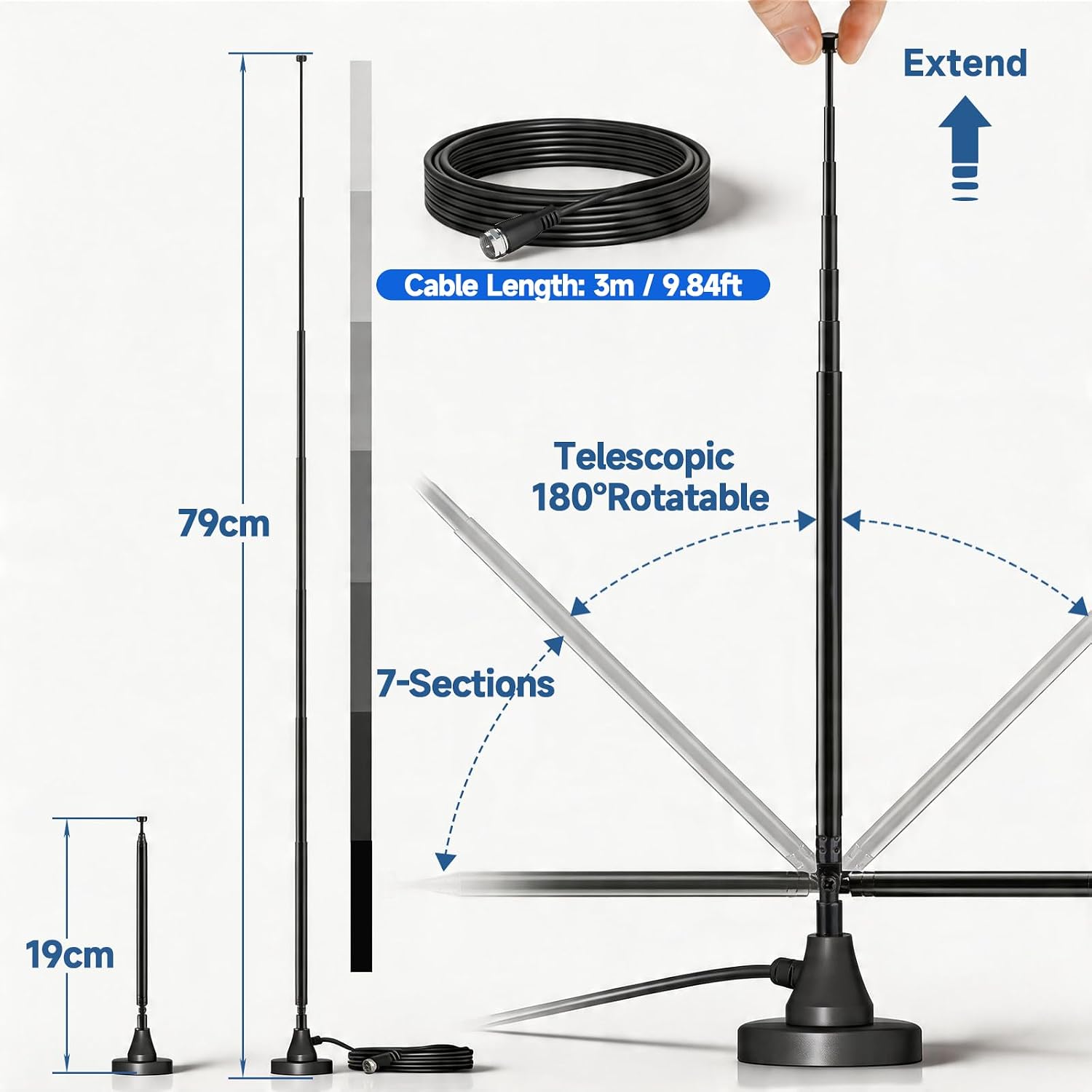 Bingfu DAB+ FM Radio Antenna, Digital Telescopic Antenna with Magnetic Base With 3 m coaxial cable and adapter set, 75 ohm impedance, suitable for stereo receivers and AV systems