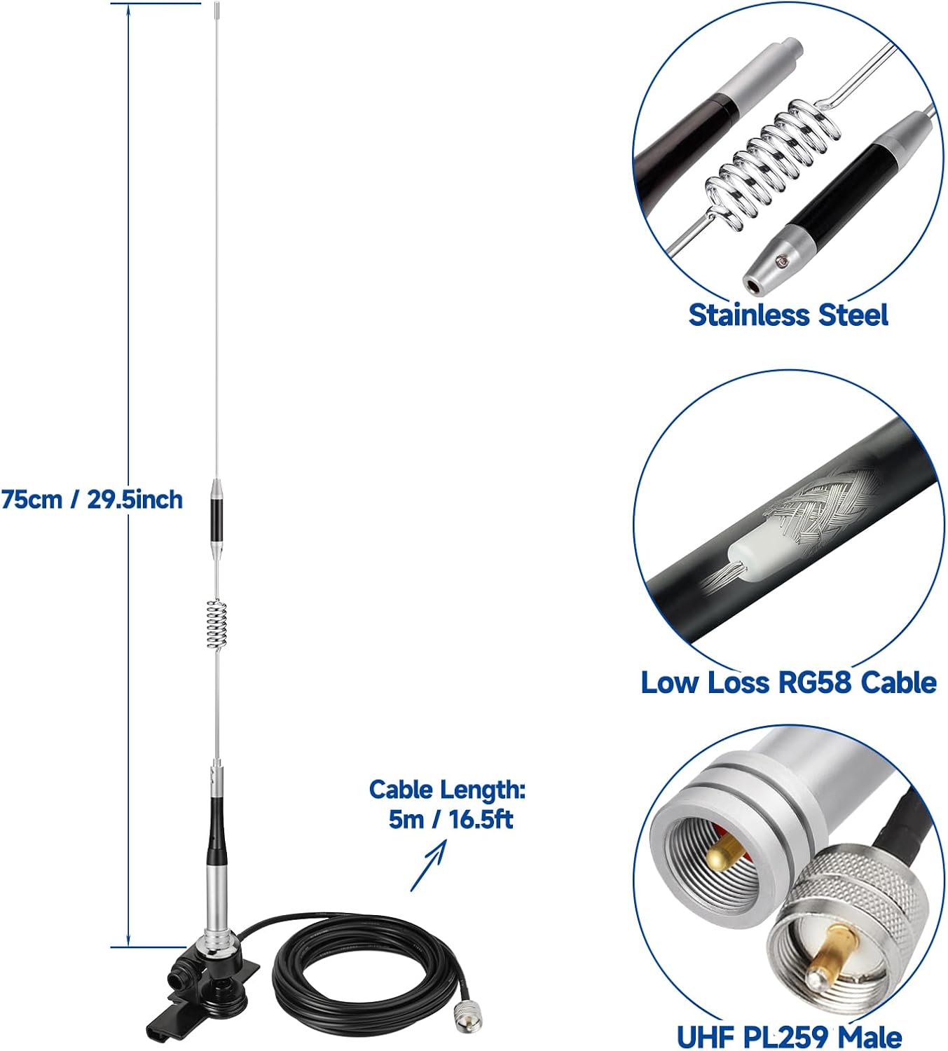 Bingfu Vehicle Mobile Ham Radio Antenna VHF UHF 136-174MHz 400-470MHz Car Truck Amateur Two Way Radio Antenna with Lip Mount Fixed Bracket PL259 Male 5m 16.5 feet RG58 Cable