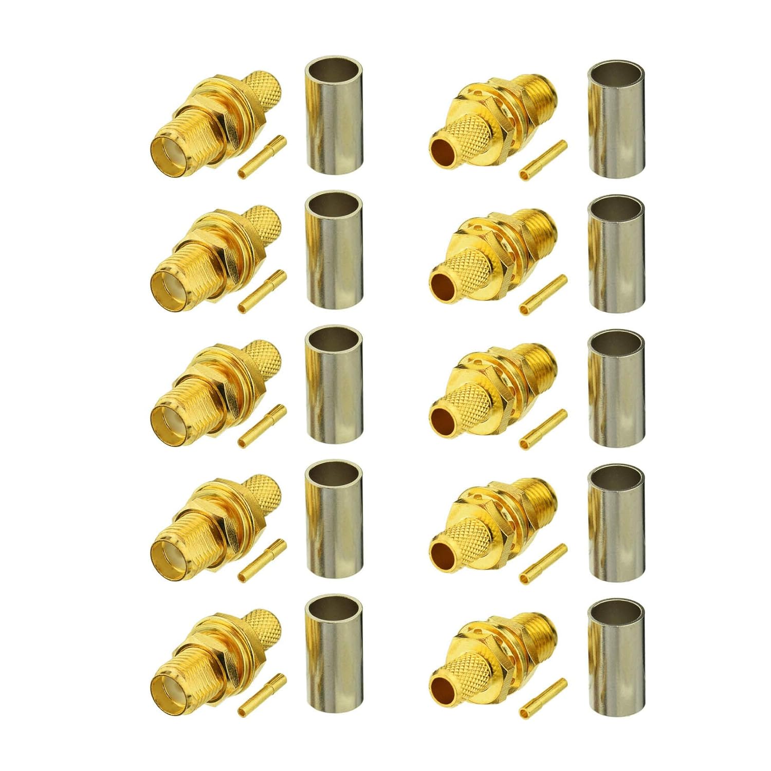 BINGFU SMA Female Bulkhead Mount Crimp Solder Attachment 50 Ohm Gold Plated Copper Connector (10-Pack) Compatible with RG58 RG303 RG141 RG142 RG400 Low Loss 195 Coaxial Coax Jumper Cable