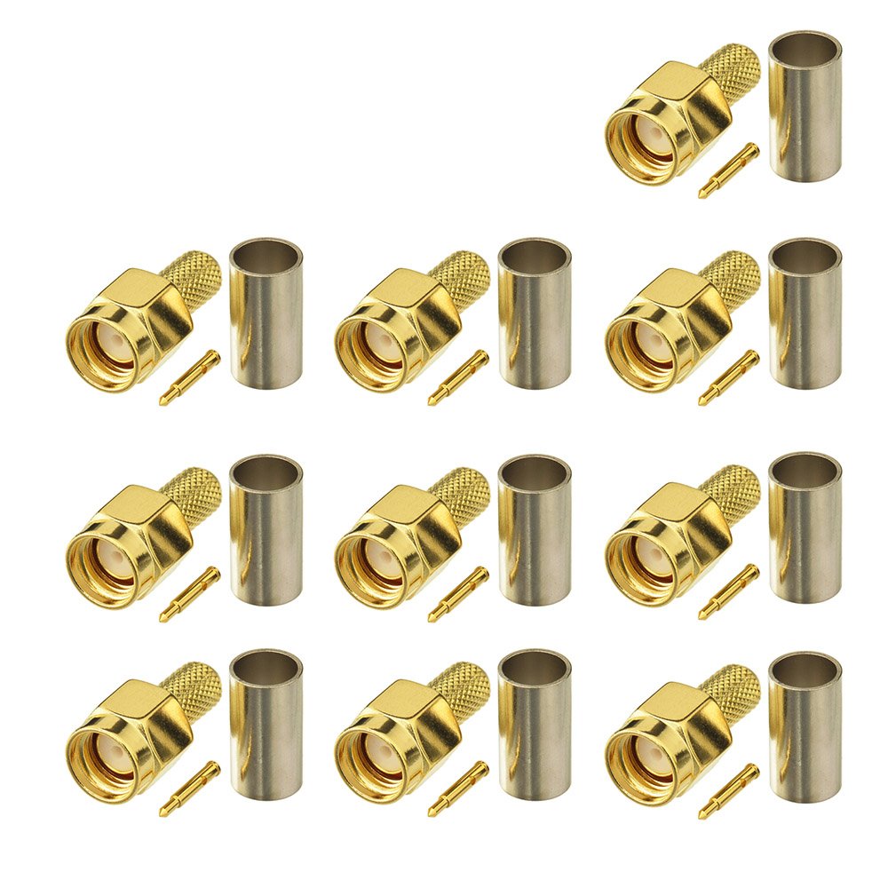 BINGFU SMA Female Bulkhead Mount Crimp Solder Attachment 50 Ohm Gold Plated Copper Connector (10-Pack) Compatible with RG58 RG303 RG141 RG142 RG400 Low Loss 195 Coaxial Coax Jumper Cable