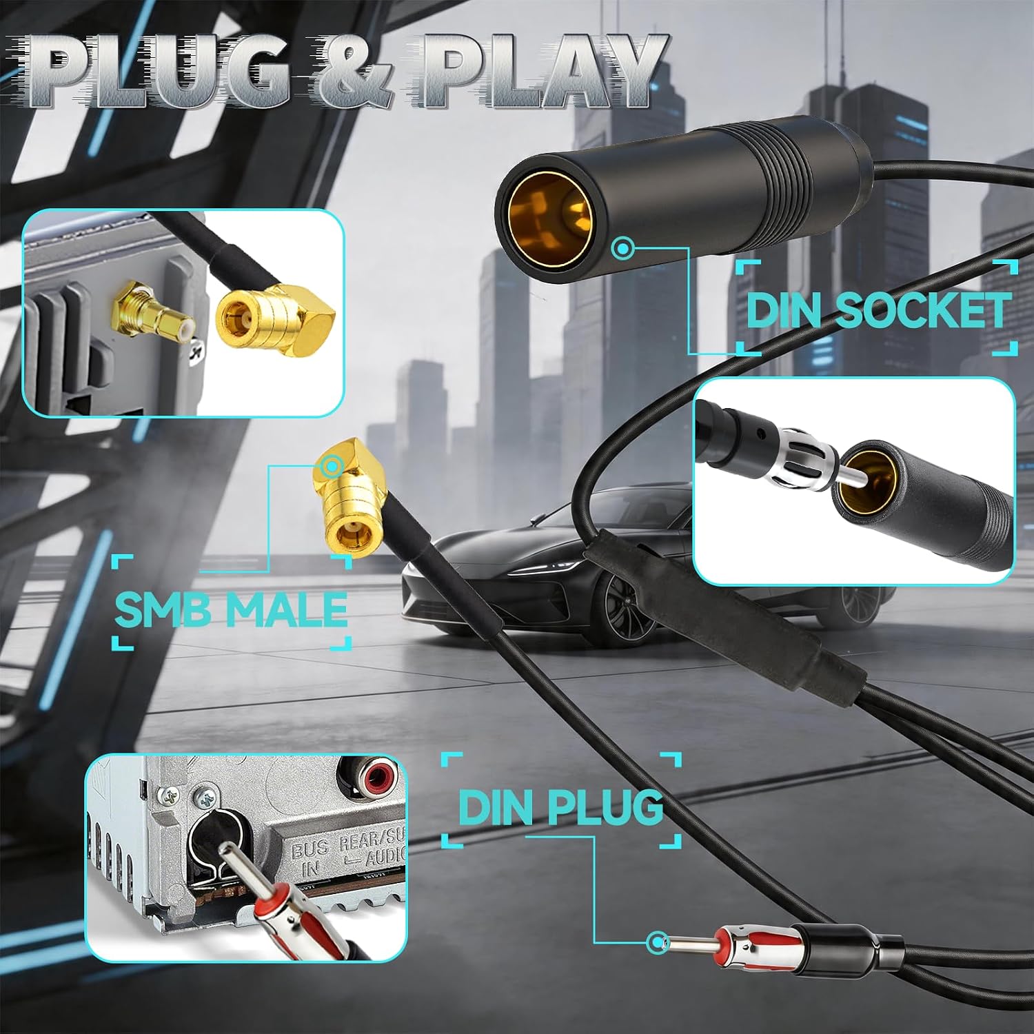 Bingfu DAB/FM Autoradio Antennen-Splitter-Adapter, DIN auf DIN + SMB