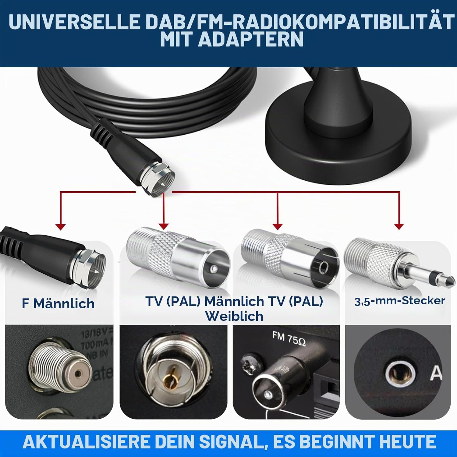 Bingfu DAB+ FM Radio Antenna, Digital Telescopic Antenna with Magnetic Base With 3 m coaxial cable and adapter set, 75 ohm impedance, suitable for stereo receivers and AV systems