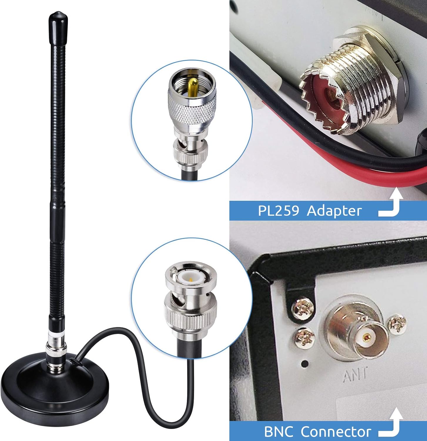 Bingfu Magnetic Base CB Antenna 27MHz with BNC & PL259 Male Connector for Cobra Midland Uniden Maxon President Handheld Portable CB Radio, Mobile Police Scanner - Compact Antenna Design
