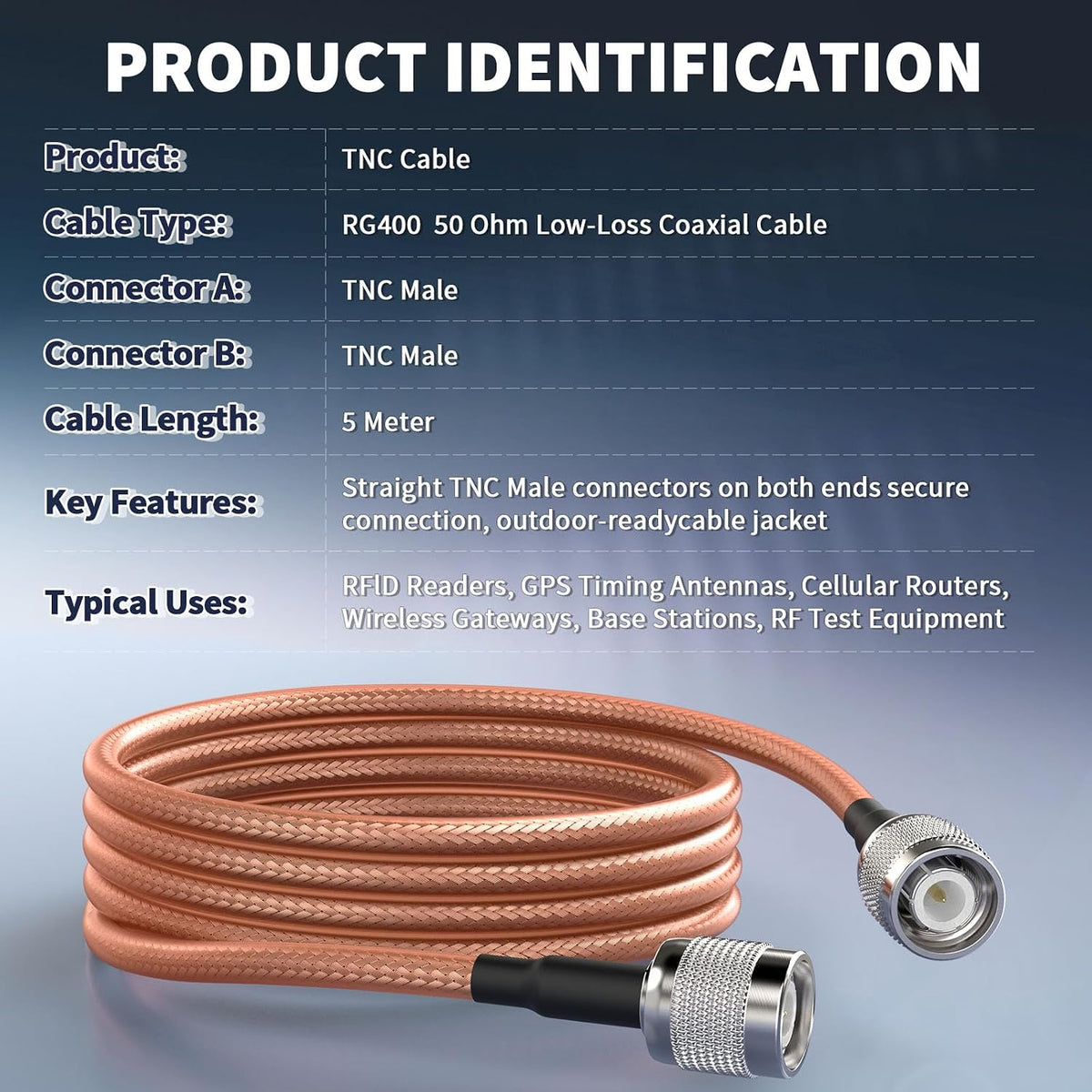 BINGFU TNC Kabel TNC Stecker auf Stecker RG400 Verlustarmes Koaxialkabel 5 m