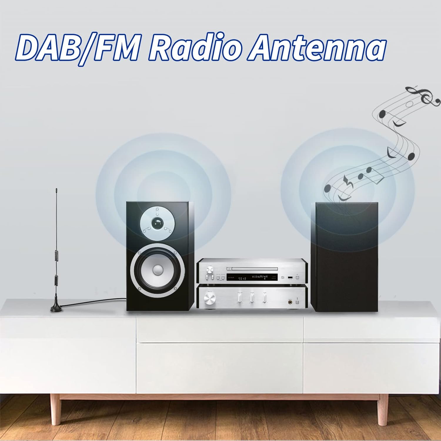 A 3-step installation guide: connecting the antenna to the receiver, placing the magnetic base on a metal shelf or window frame, and extending the cable