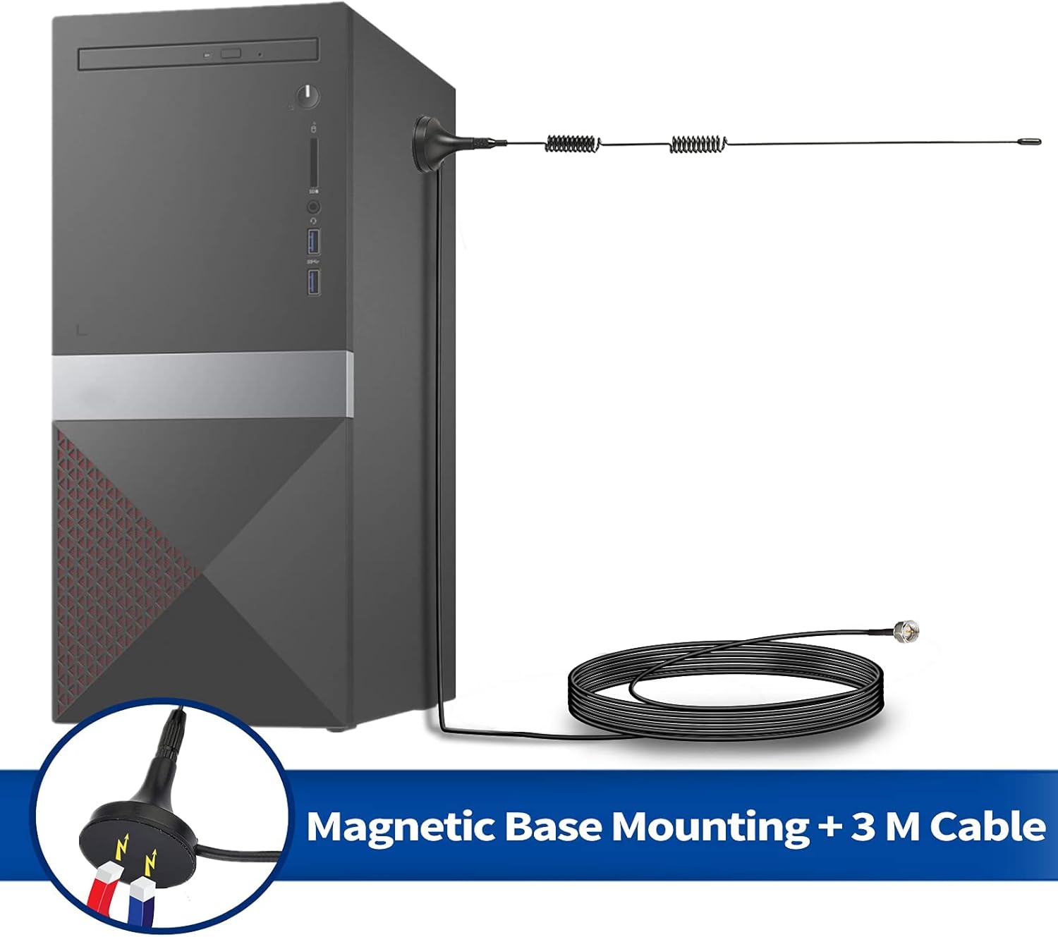 A 3-step installation guide: connecting the antenna to the receiver, placing the magnetic base on a metal shelf or window frame, and extending the cable
