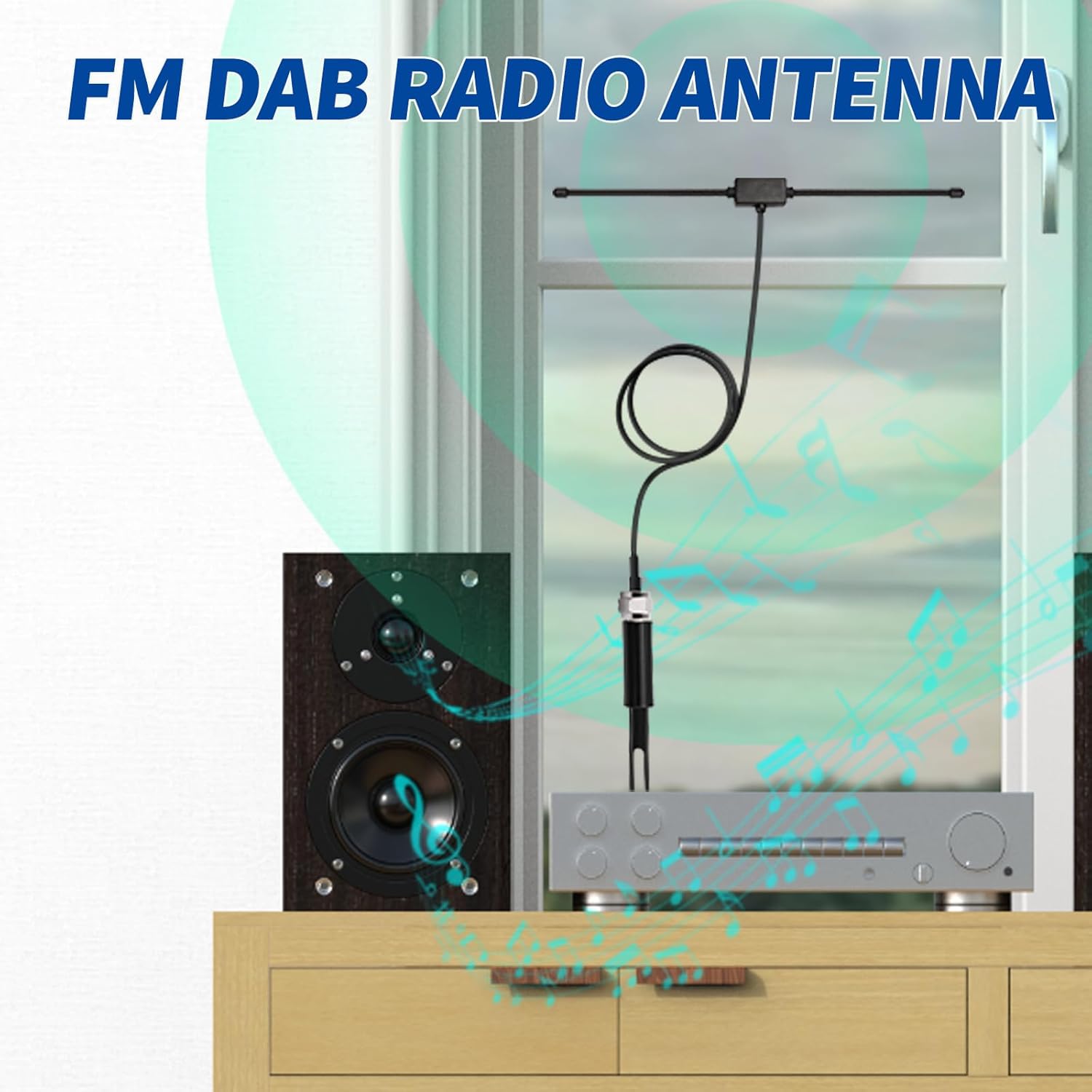 A classic wooden vintage radio in a living room being upgraded with the Bingfu dipole antenna for improved HD radio sound quality