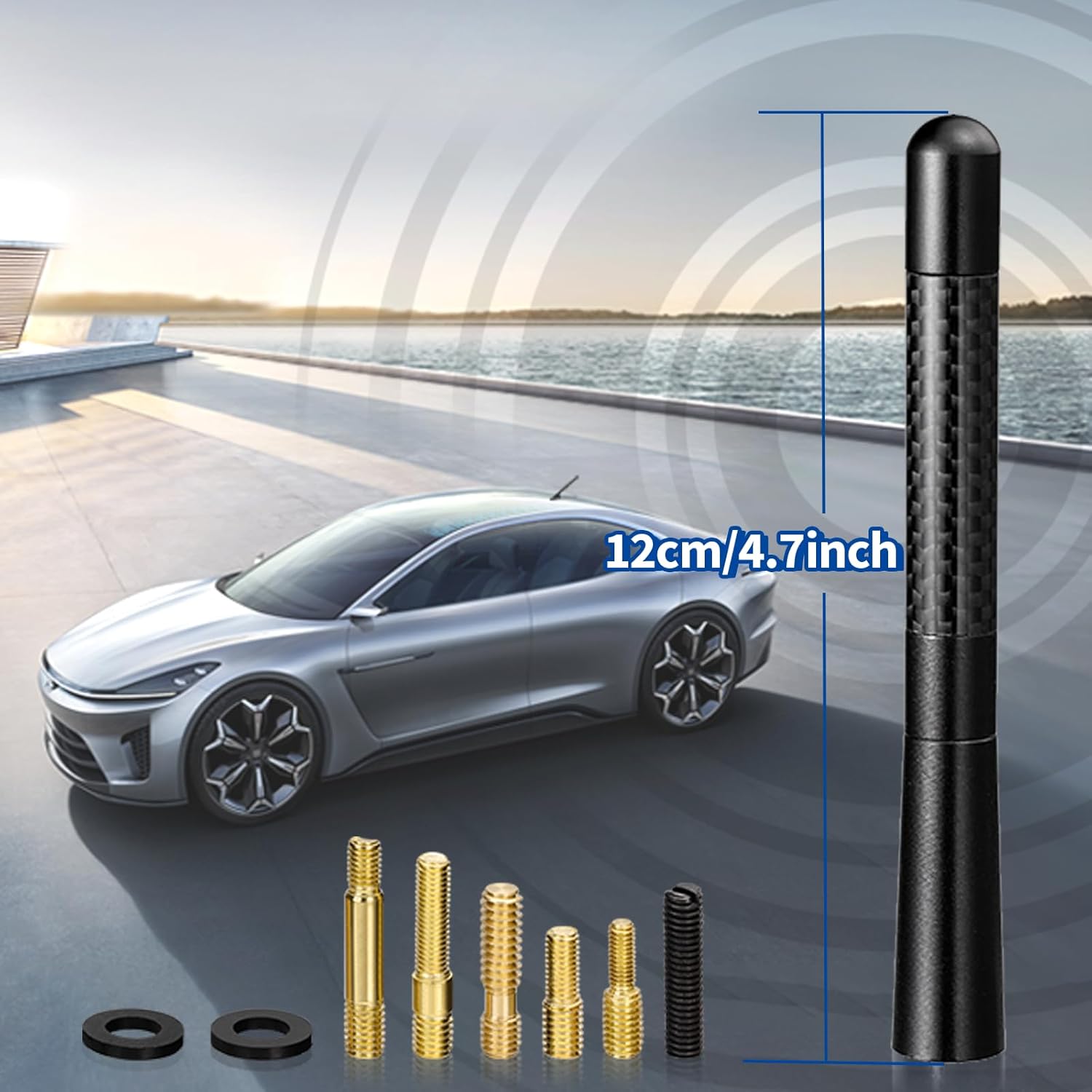 A compact car entering an automatic car wash, demonstrating the antenna's flexible design that doesn't need to be removed