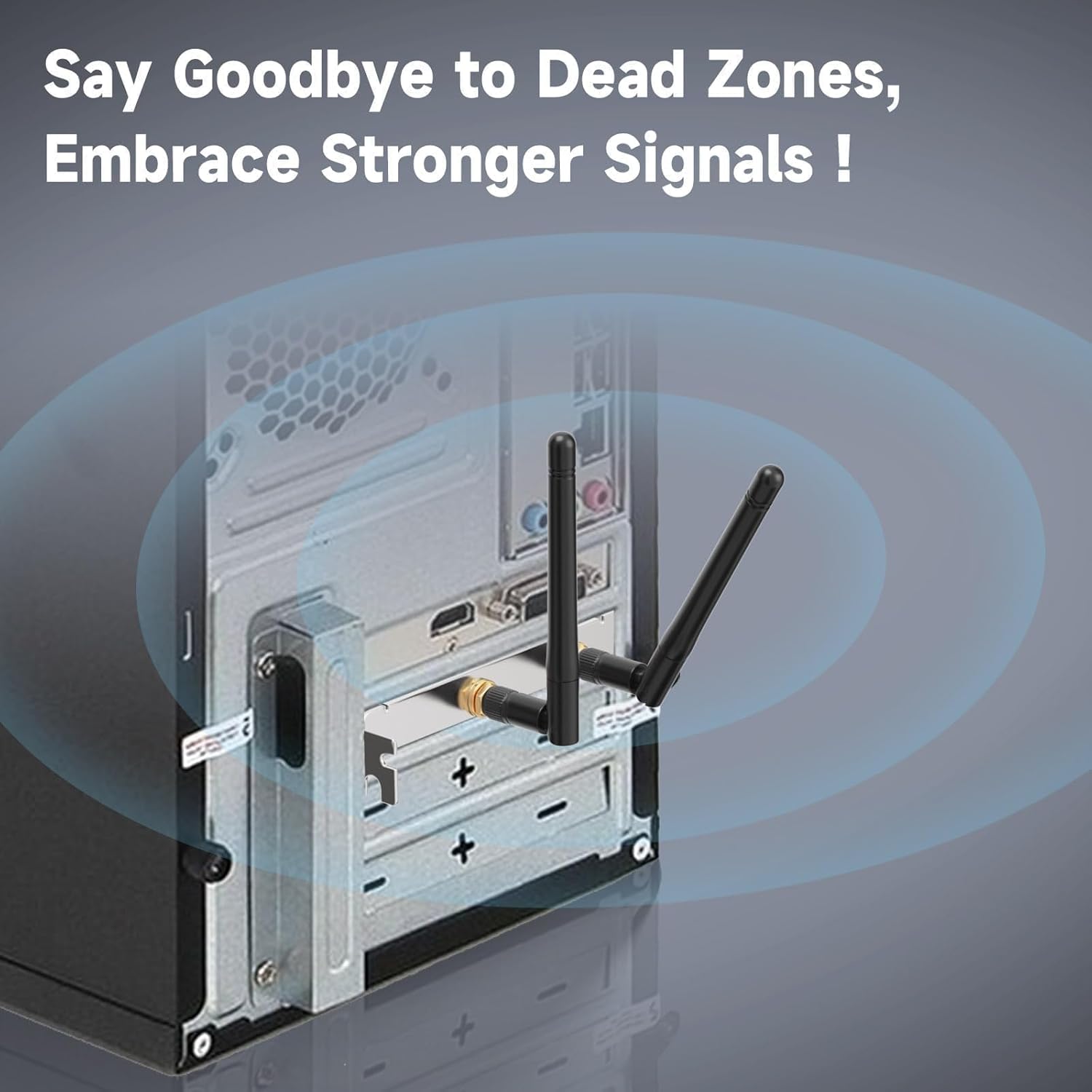 A completed desktop PC build showing external WiFi antennas mounted on the rear PCI slot
