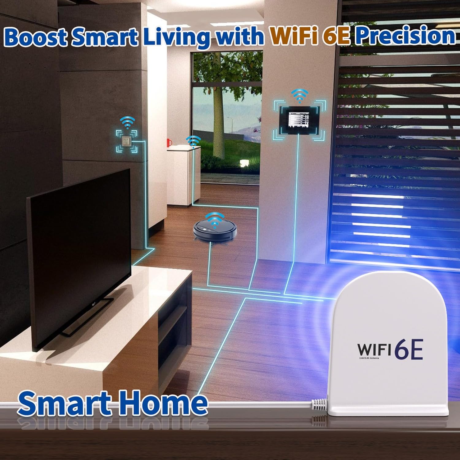 A high-end white-themed home office setup featuring the Bingfu 8dBi antenna for stable 6GHz WiFi 6E connectivity