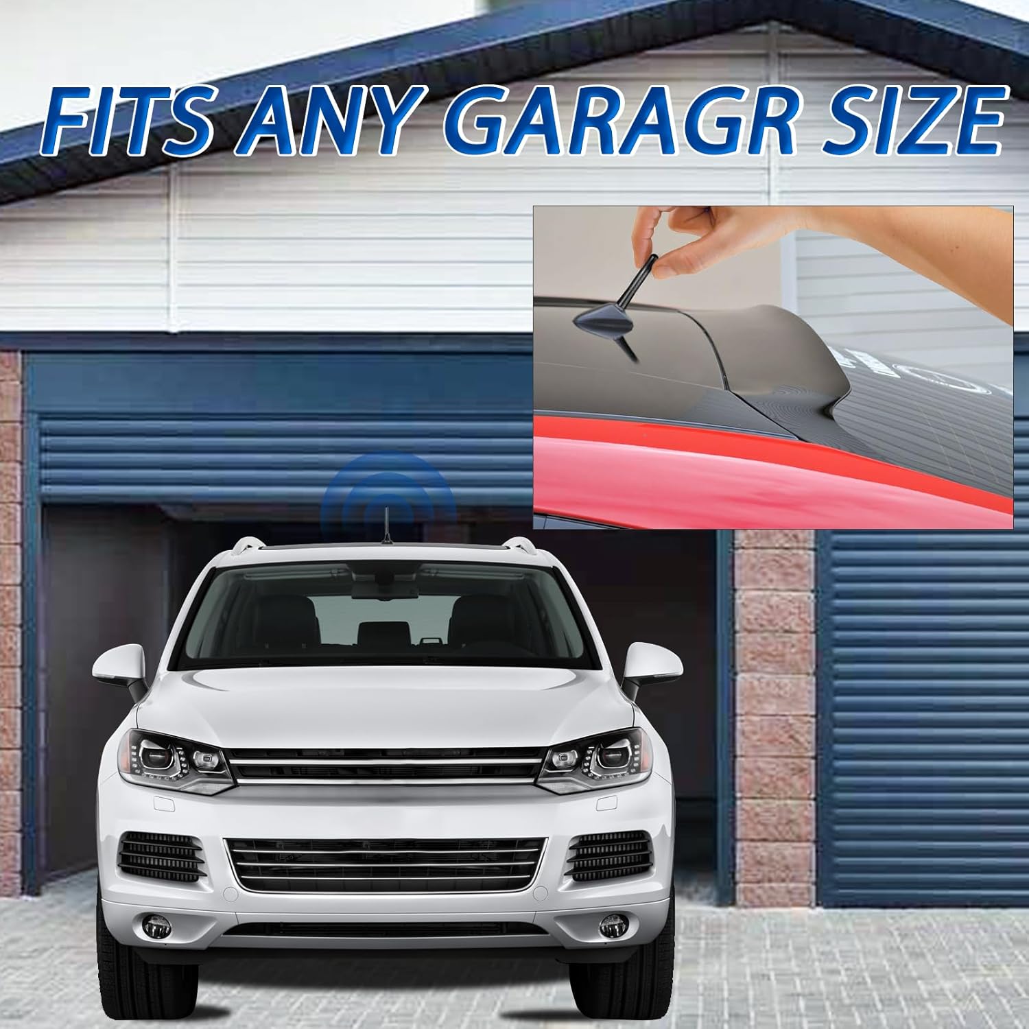 A modern car parked in a garage with the 8cm Bingfu antenna installed, highlighting its low-profile look and car-wash safe design