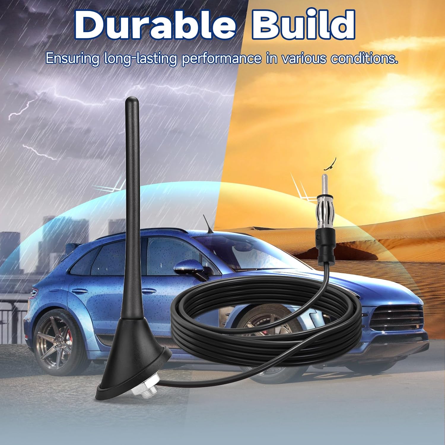 A professional van or SUV with the Bingfu 22cm antenna installed, providing steady FM/AM radio reception during highway driving