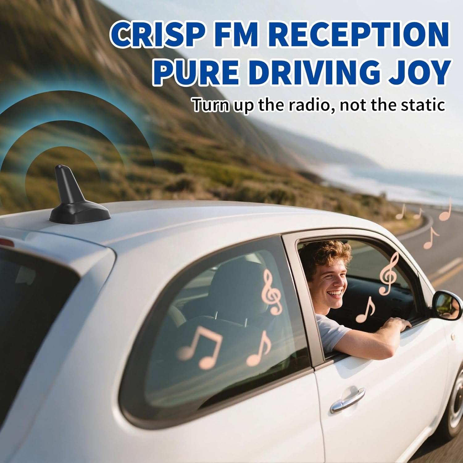 A sleek modern car driving through a rainy rural area, highlighting the antenna's waterproof performance and reliable signal reception