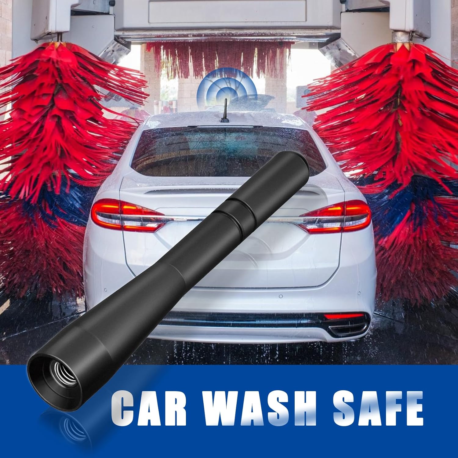 A sporty hatchback parked in a low-clearance garage, highlighting how the 10cm short antenna avoids obstacles and remains car-wash safe