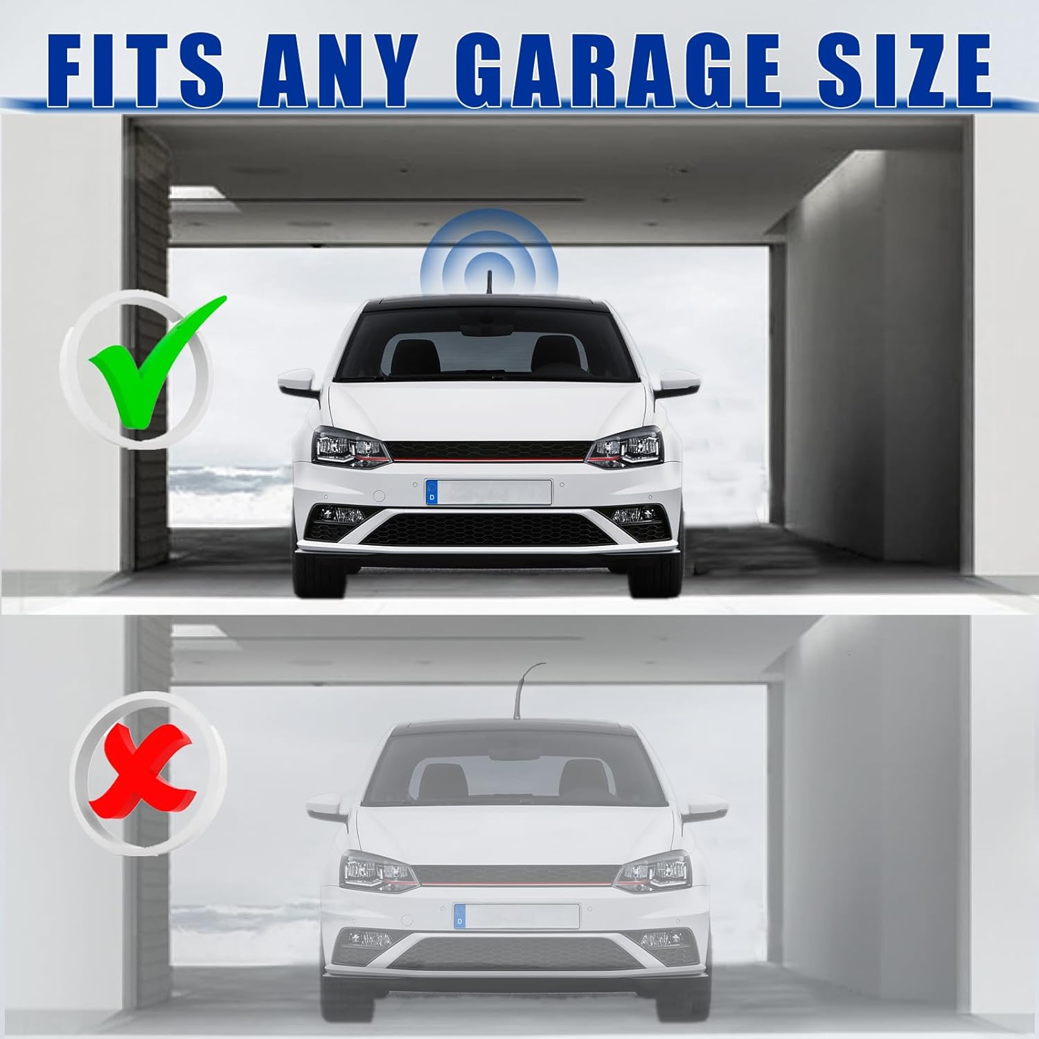 A sporty hatchback parked in a low-clearance garage, highlighting how the 10cm short antenna avoids obstacles and remains car-wash safe