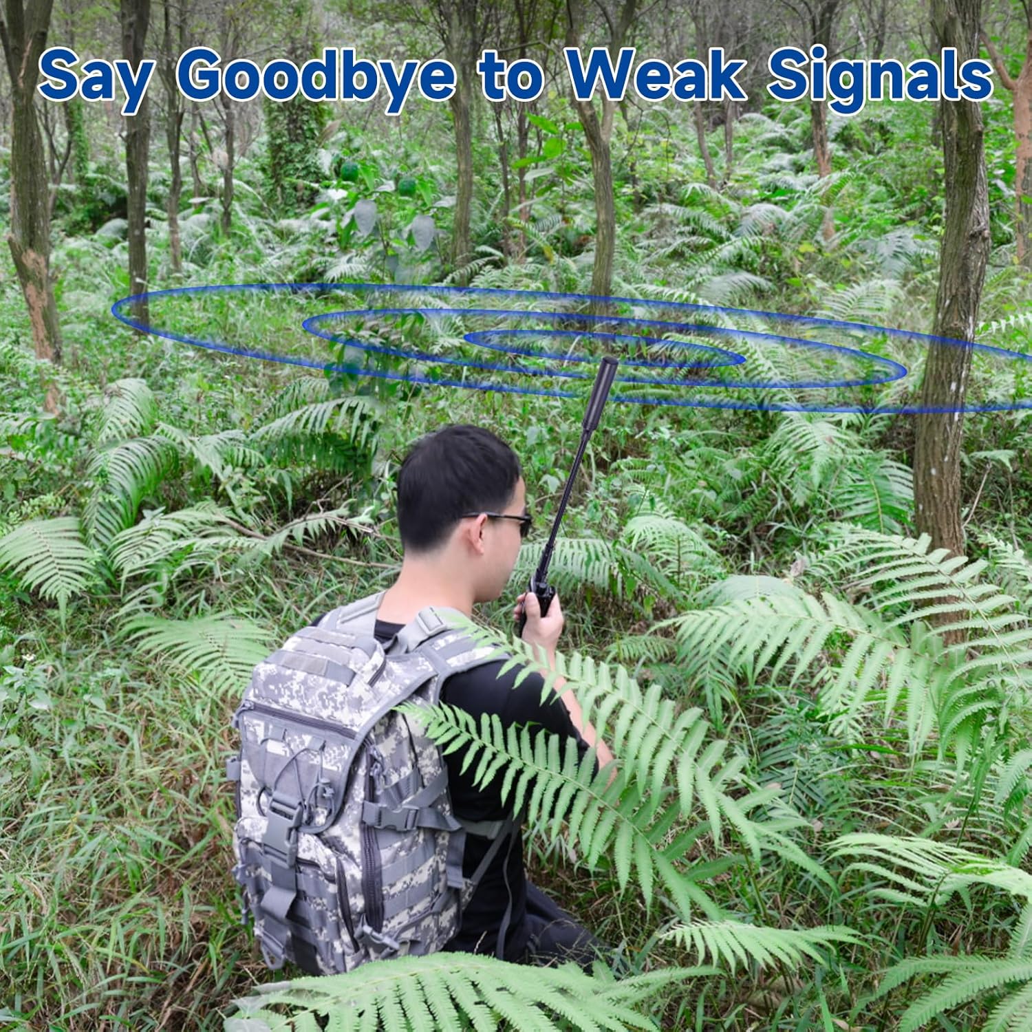 A tactical operator using the Bingfu gooseneck antenna bent at an angle to avoid interference with a backpack or helmet