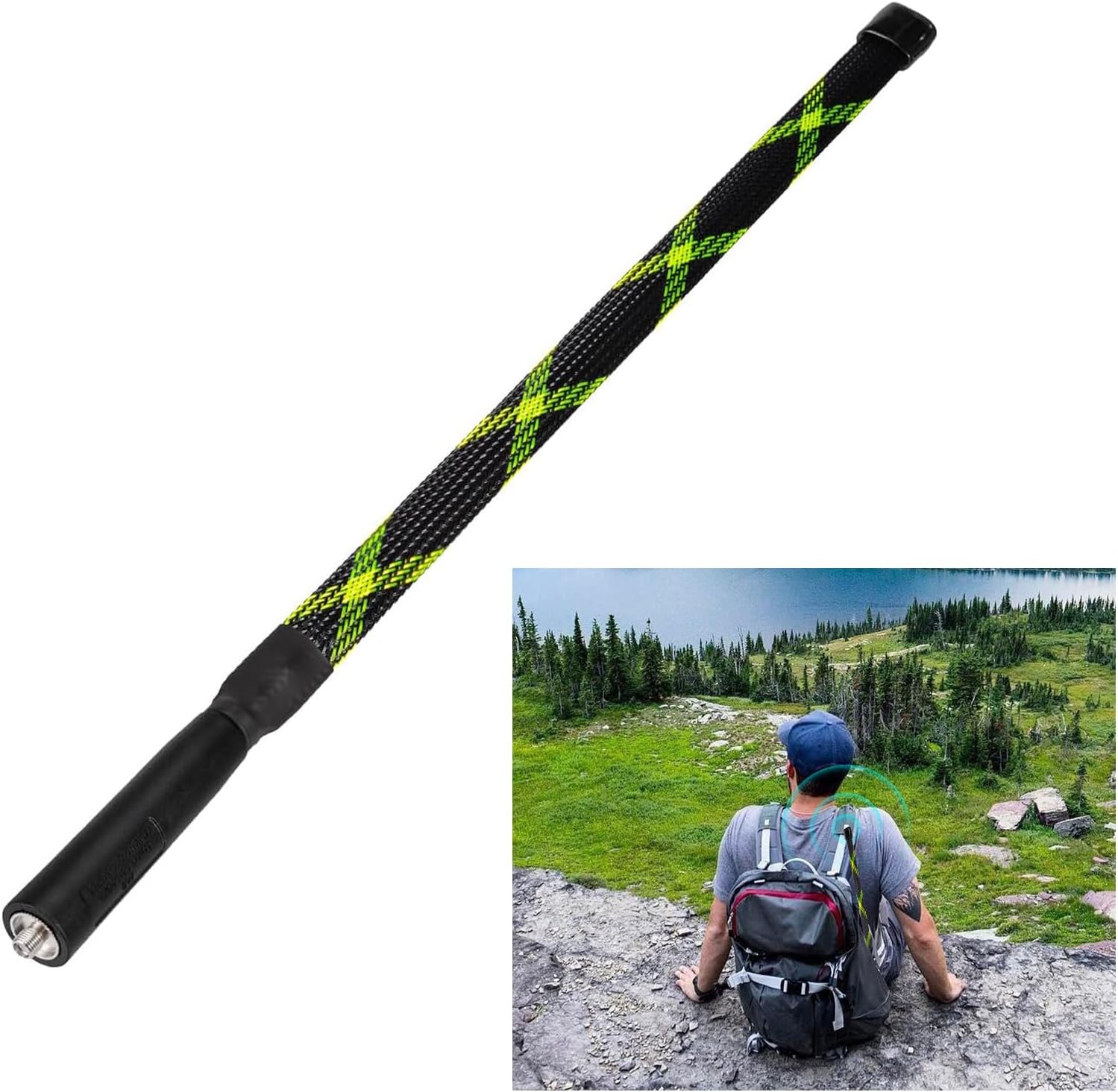 A user carrying a radio with the Bingfu tactical antenna folded and secured with the included Velcro strap during a hiking trip