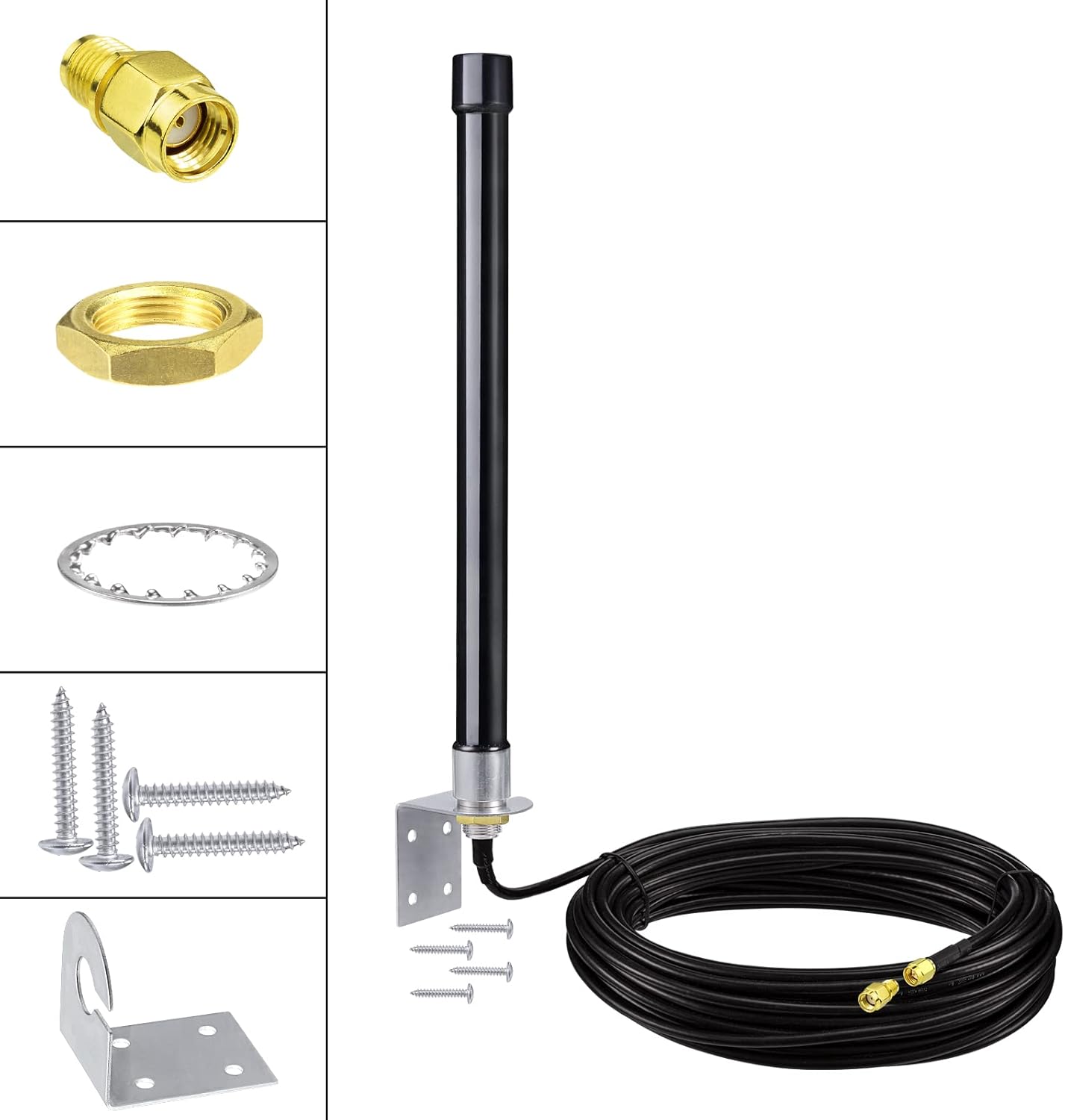 Antenna connectors showing SMA male, RP-SMA and dual TS9 adapters