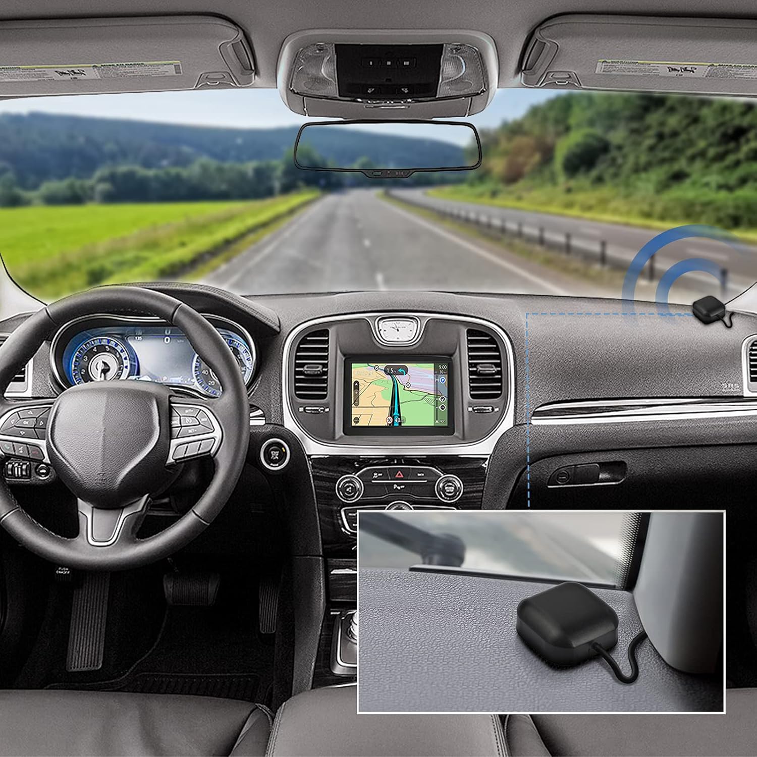 Antenna installed on a vehicle dashboard or roof, showing the magnetic base placement