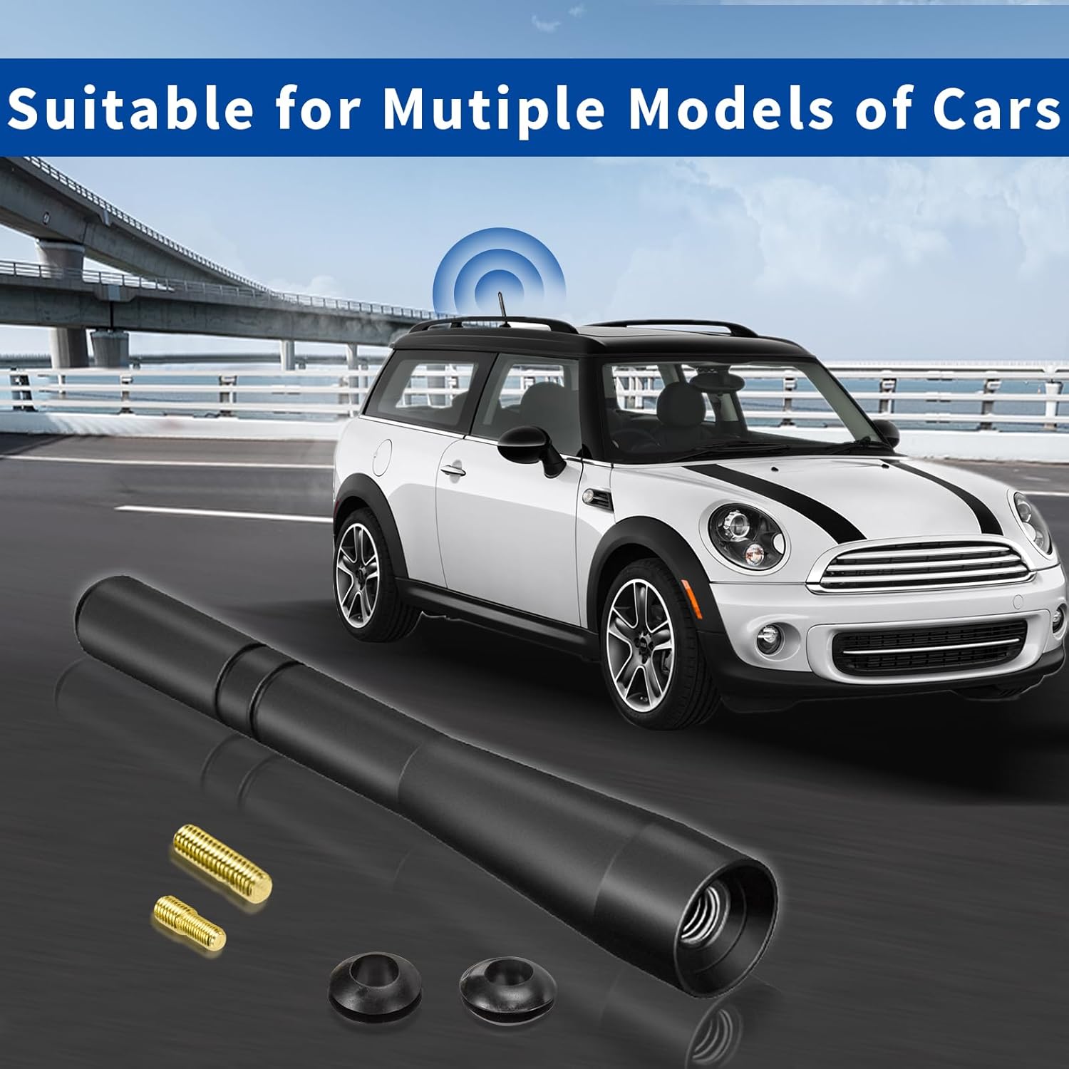 Bingfu 10cm universal short car antenna with a sleek carbon fiber decorative ring and durable black finish, designed for a modern sporty look.