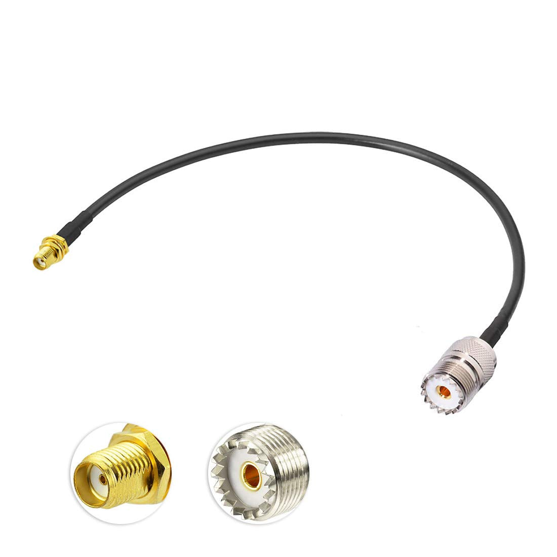 Bingfu 12-inch RG58 coaxial jumper cable featuring an SMA female connector on one end and a UHF SO239 female connector on the other