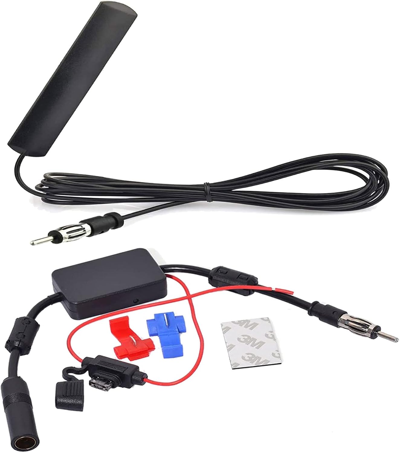 Bingfu 12V Auto Radio Antennenverstärker mit schwarzem Aluminium-Gehäuse und DIN-Anschlüssen für FM/AM Signal-Boost