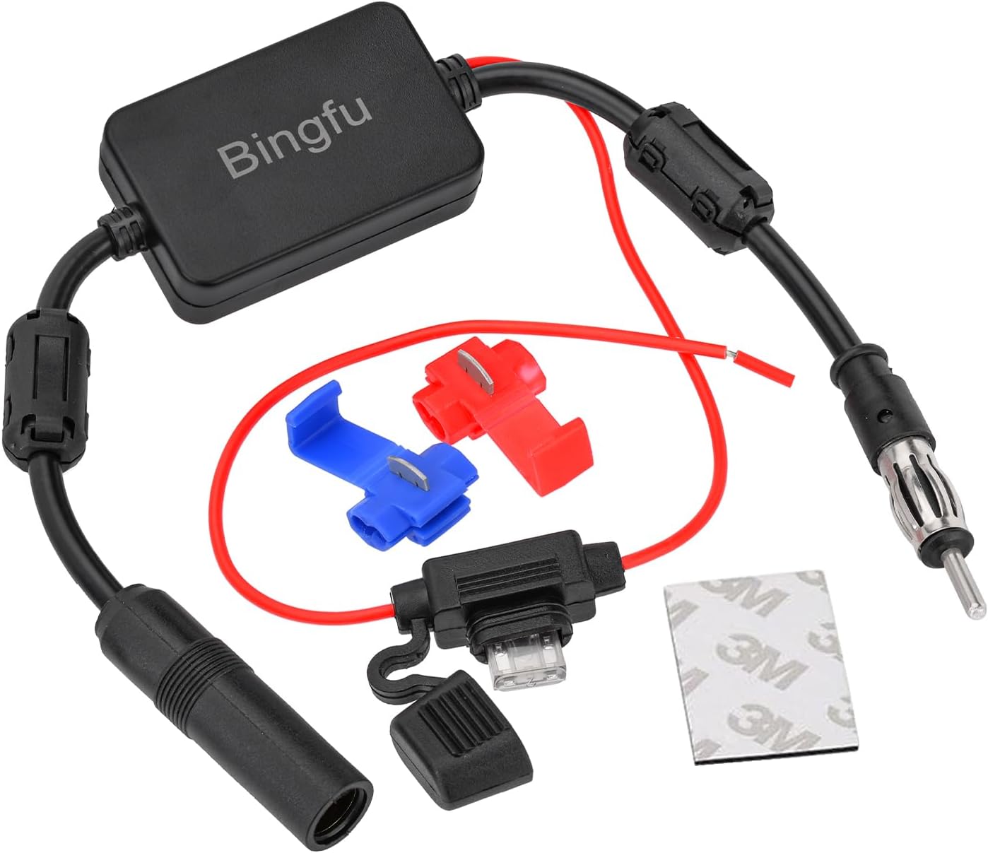 Bingfu 12V car radio signal booster and FM AM antenna amplifier with black compact housing