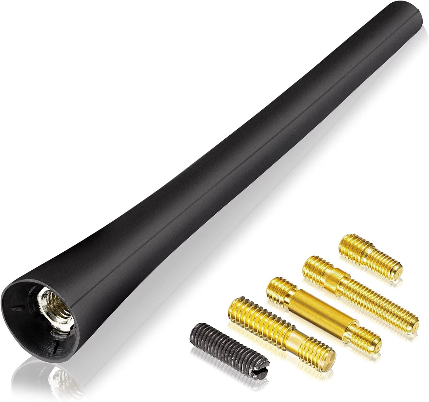 Bingfu 16cm universal car radio antenna made of flexible rubber, featuring a sleek black design and premium internal copper coil for AM/FM reception.