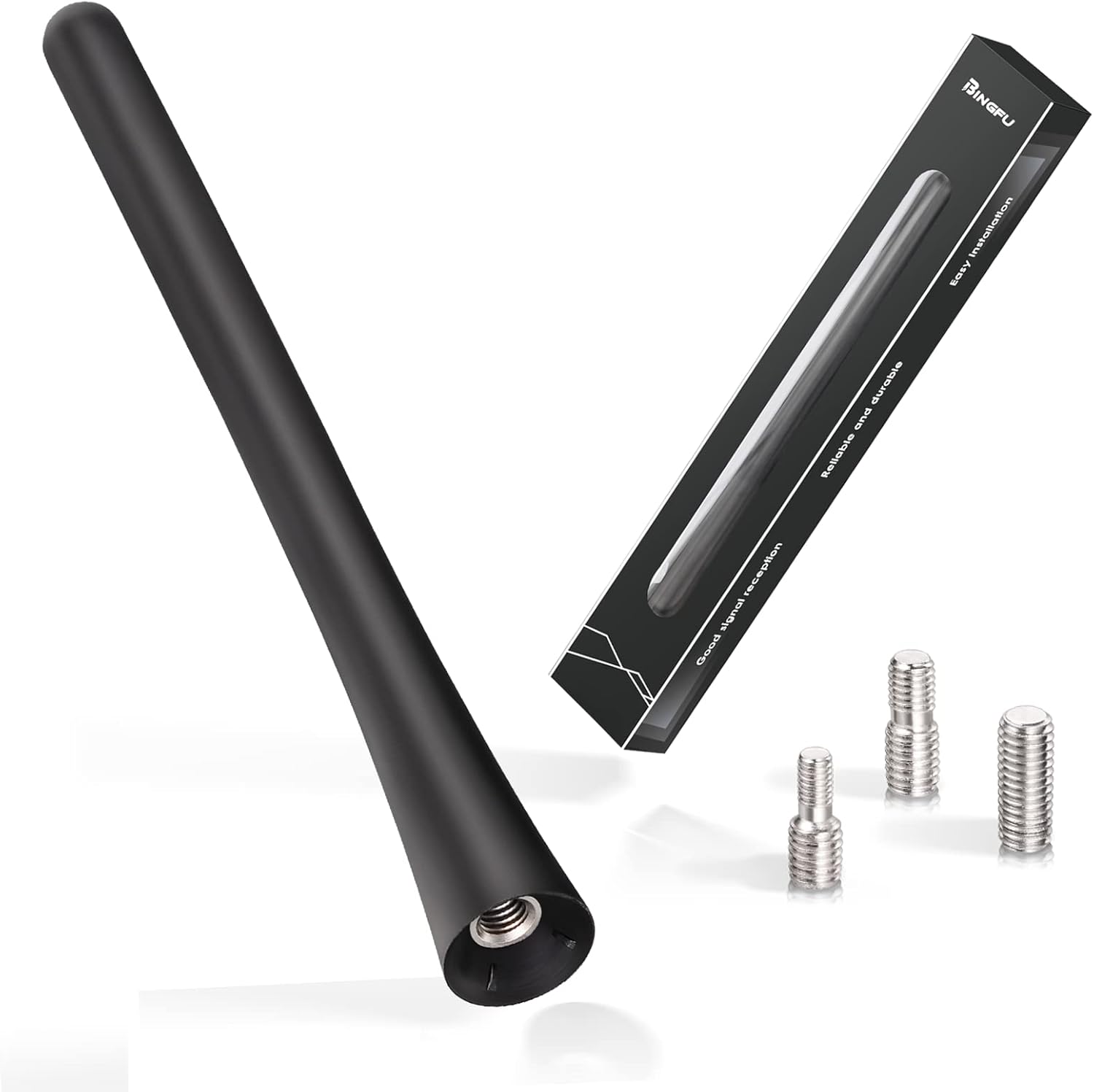 Bingfu 16cm universal short car radio antenna replacement in sleek matte black finish, standing vertically